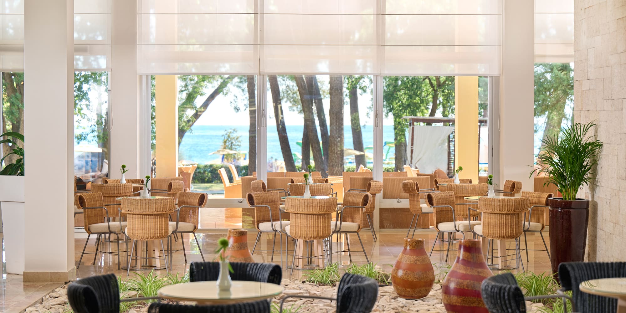 a room with tables and chairs