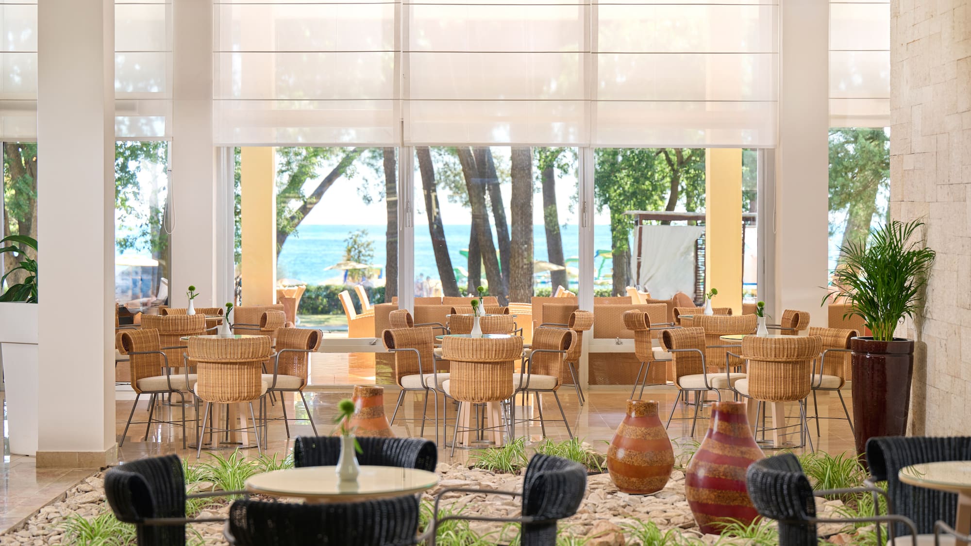 a room with tables and chairs