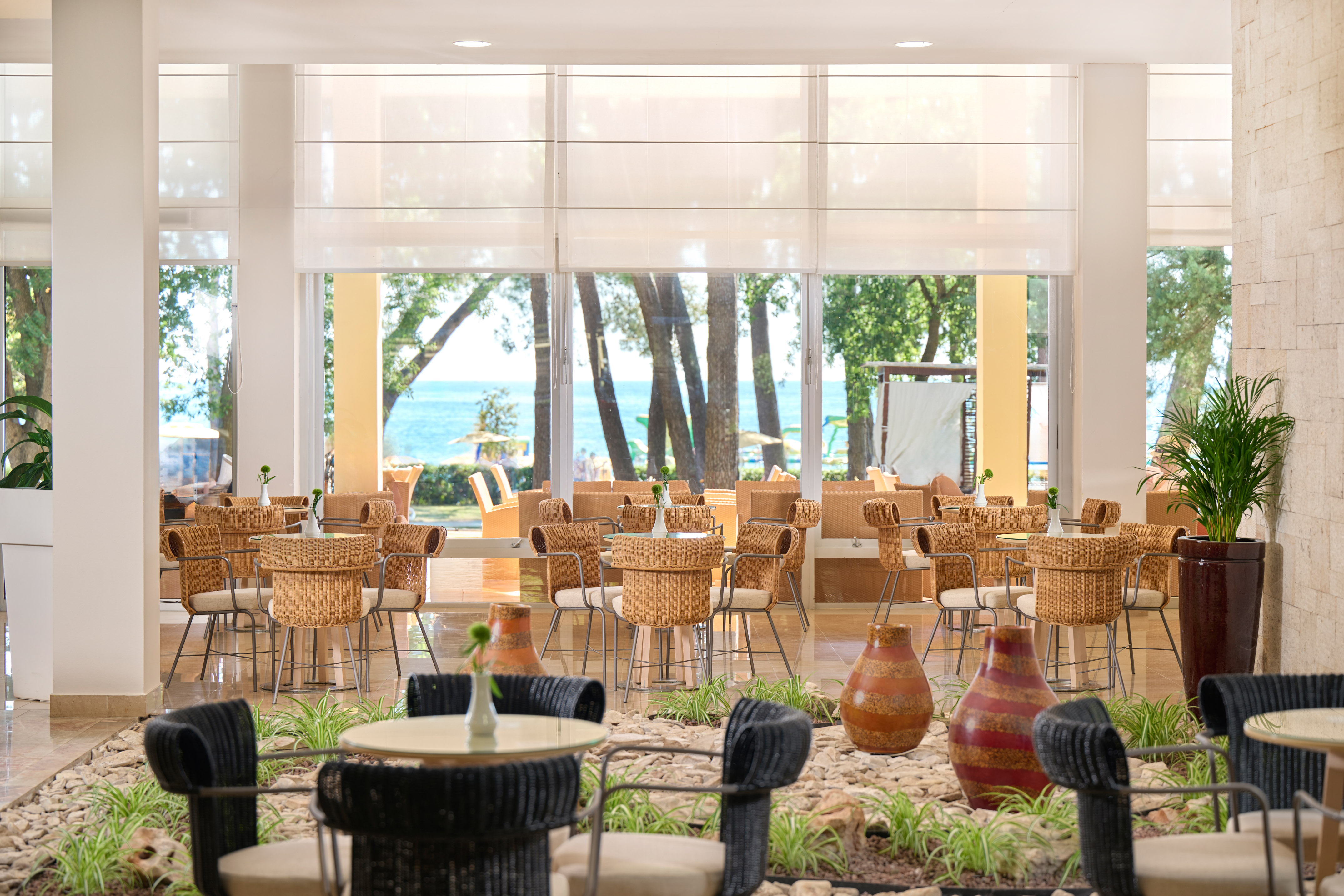 a room with tables and chairs