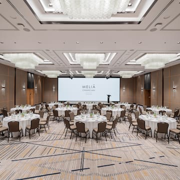 a room with tables and chairs