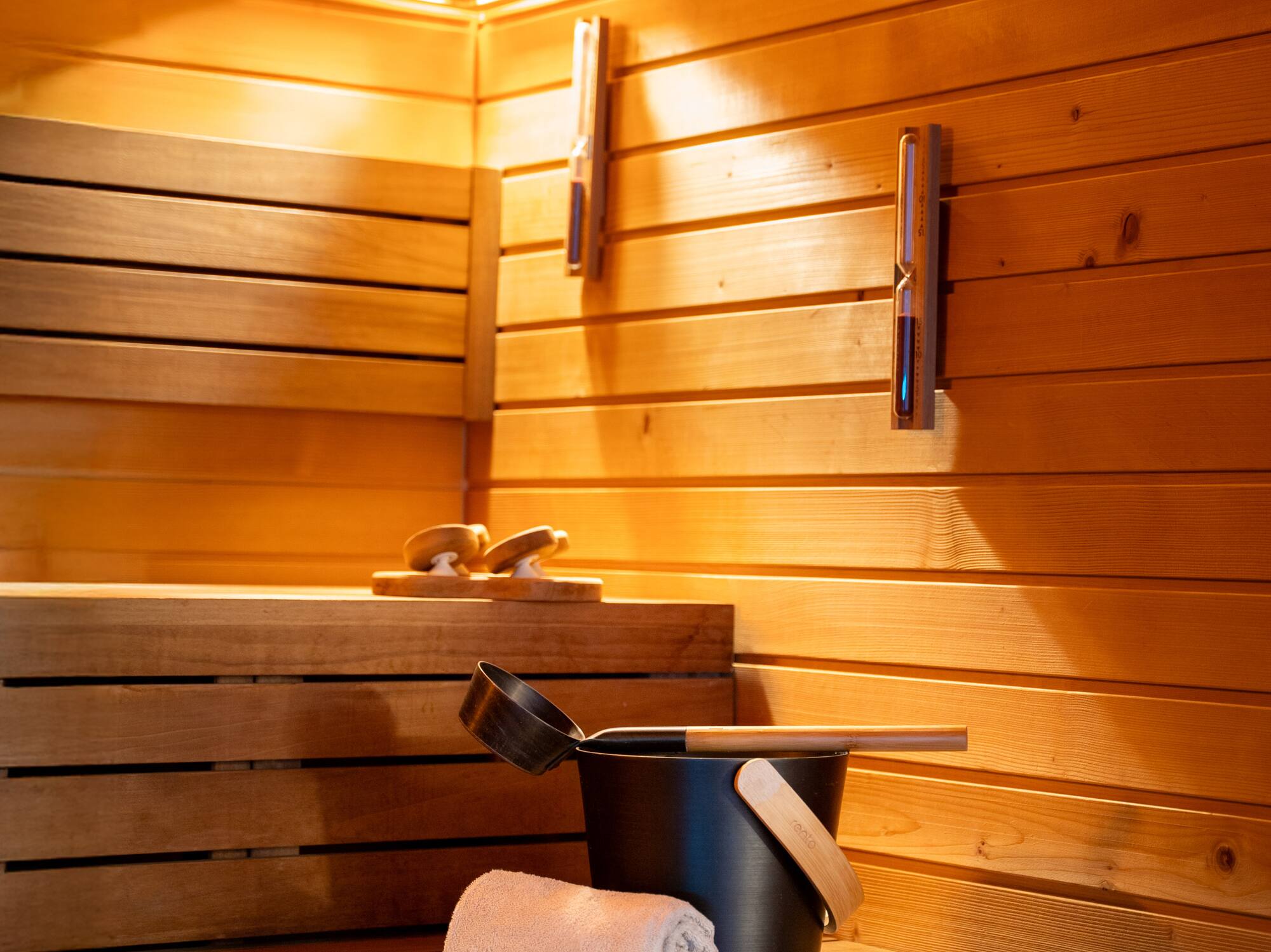 a wooden sauna with lights
