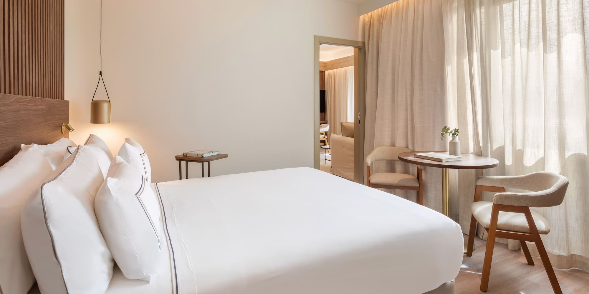 a bed and table in a room