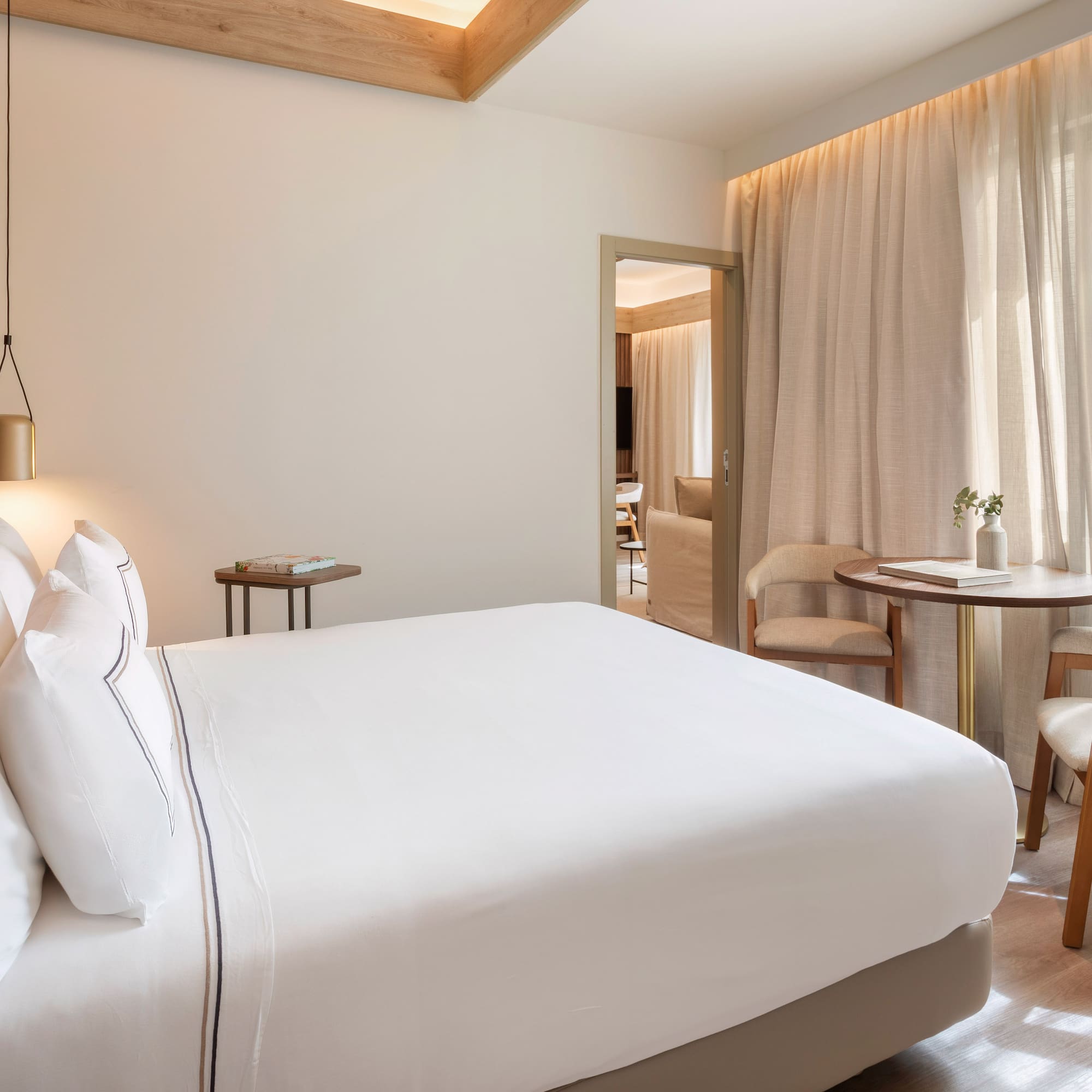 a bed and table in a room