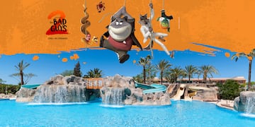 a cartoon characters from ropes in front of a water park