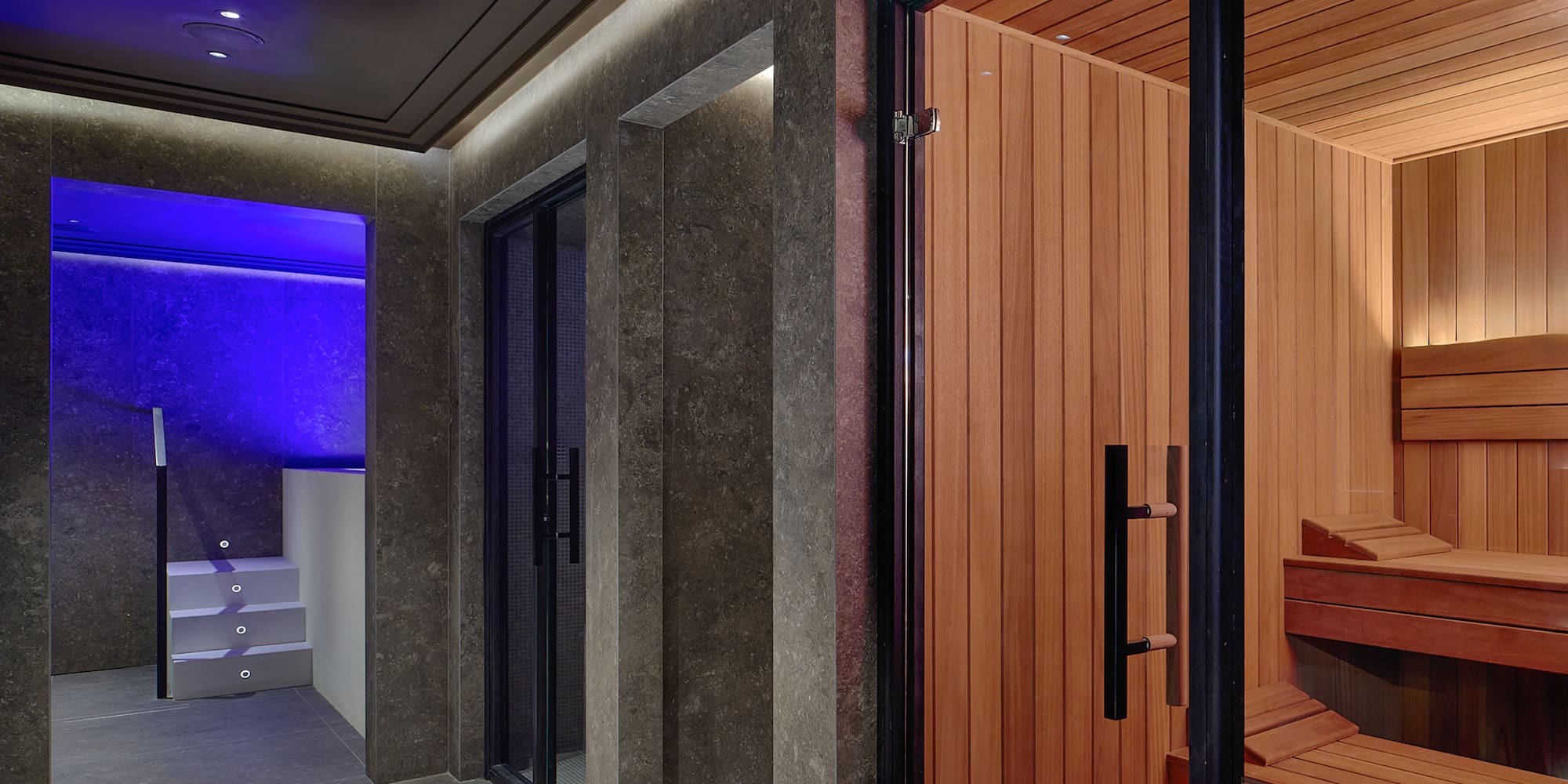 Modern spa wellness area with wood sauna, glass steam room, blue lit plunge pool.