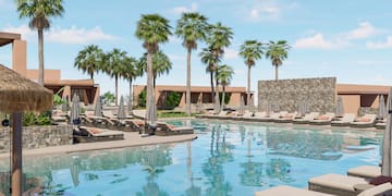 a pool with lounge chairs and palm trees