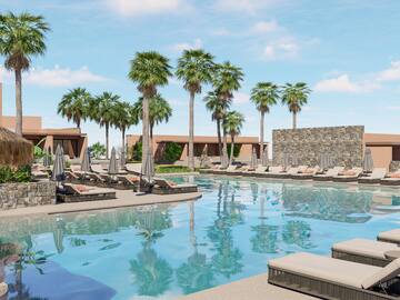 a pool with lounge chairs and palm trees