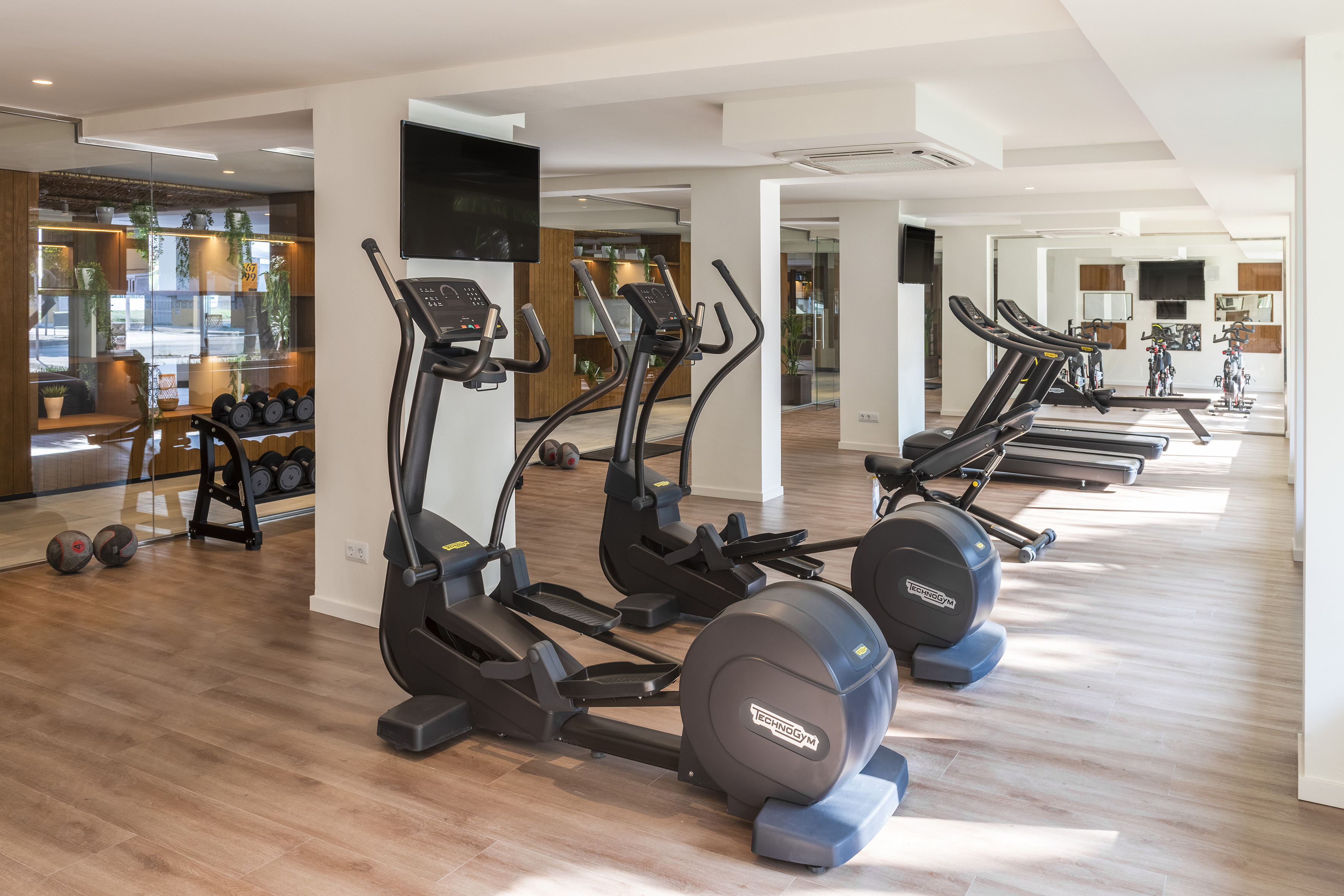 Modern gym with Technogym elliptical trainers, treadmills, and dumbbells.
