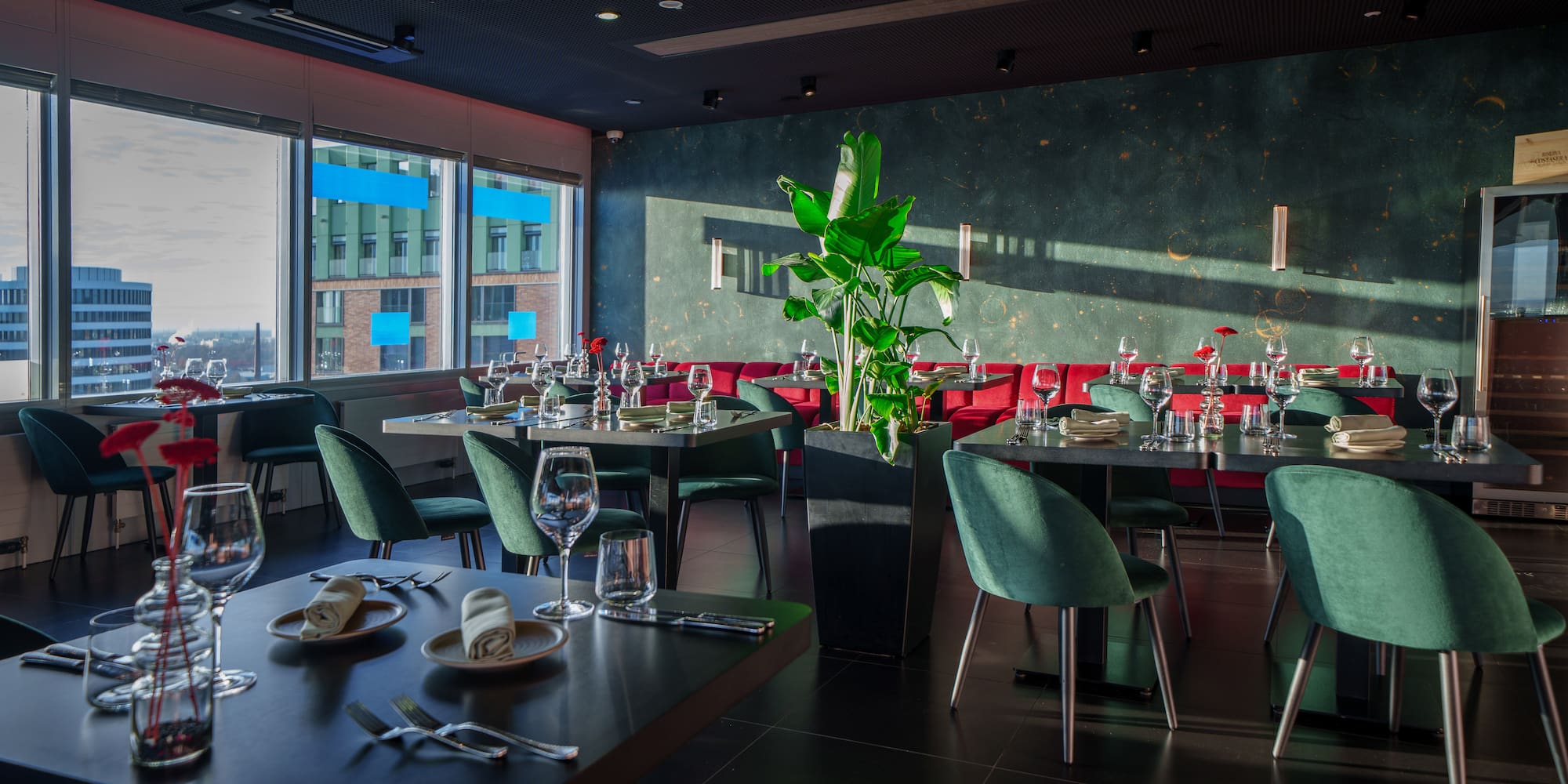 a room with tables and chairs