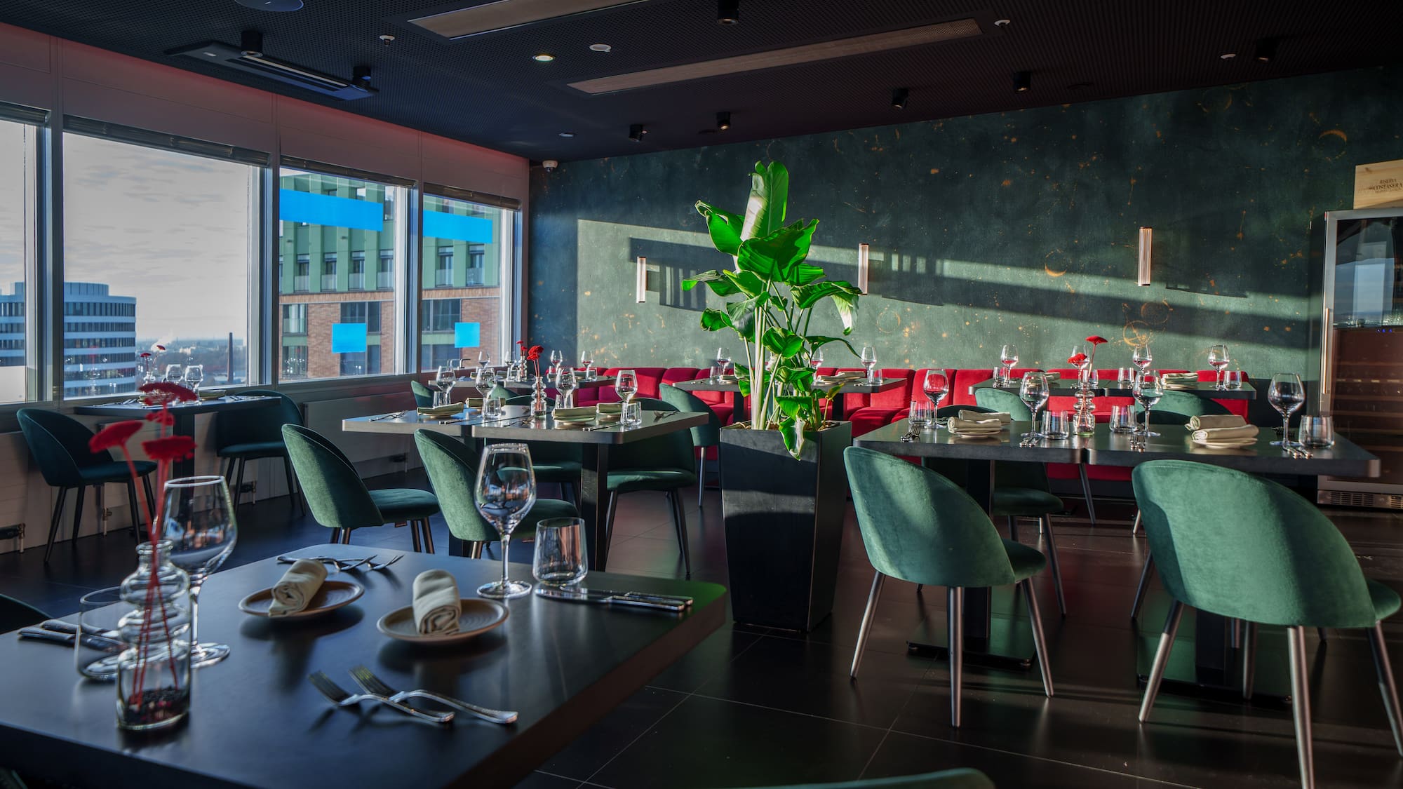 a room with tables and chairs