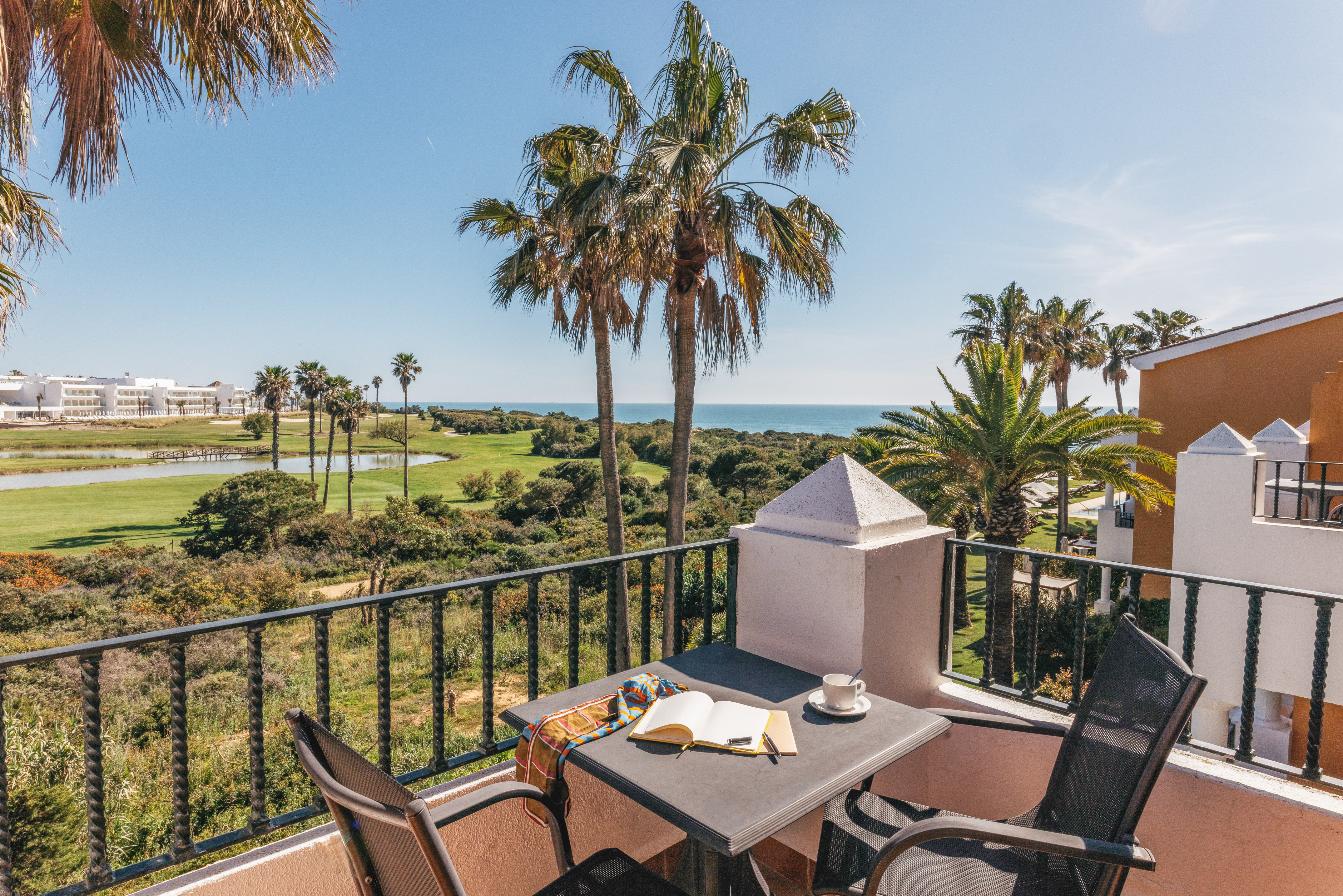 Resort balcony with golf course, ocean view, palm trees, coffee, and book.