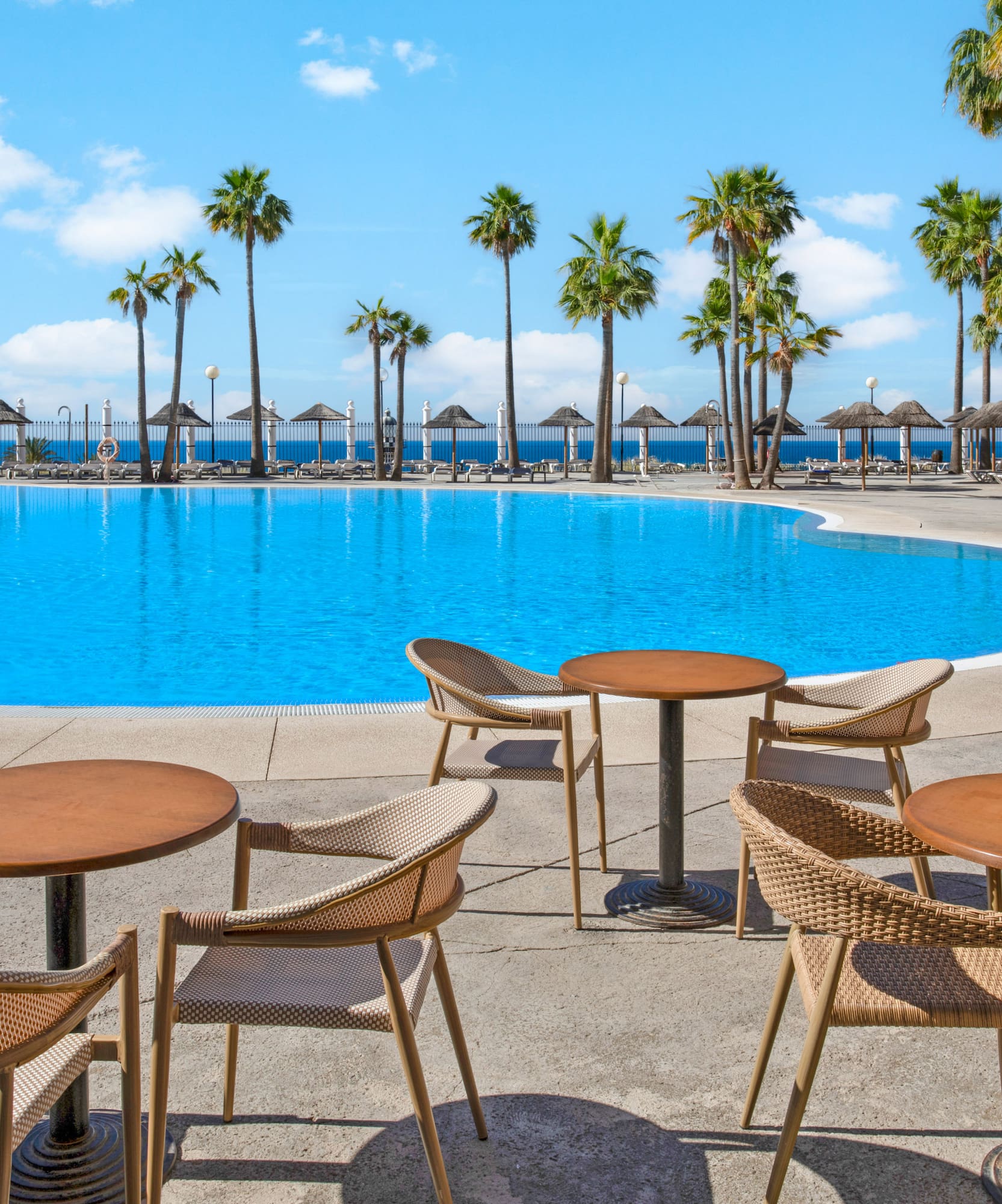 Sunny resort pool, palm trees, straw umbrellas, ocean, and outdoor dining.