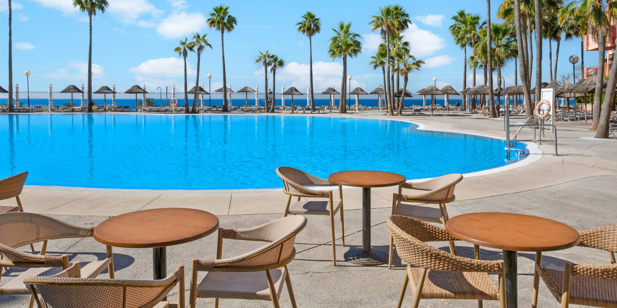 Vibrant blue hotel pool, palm-lined oceanfront, and outdoor cafe seating.