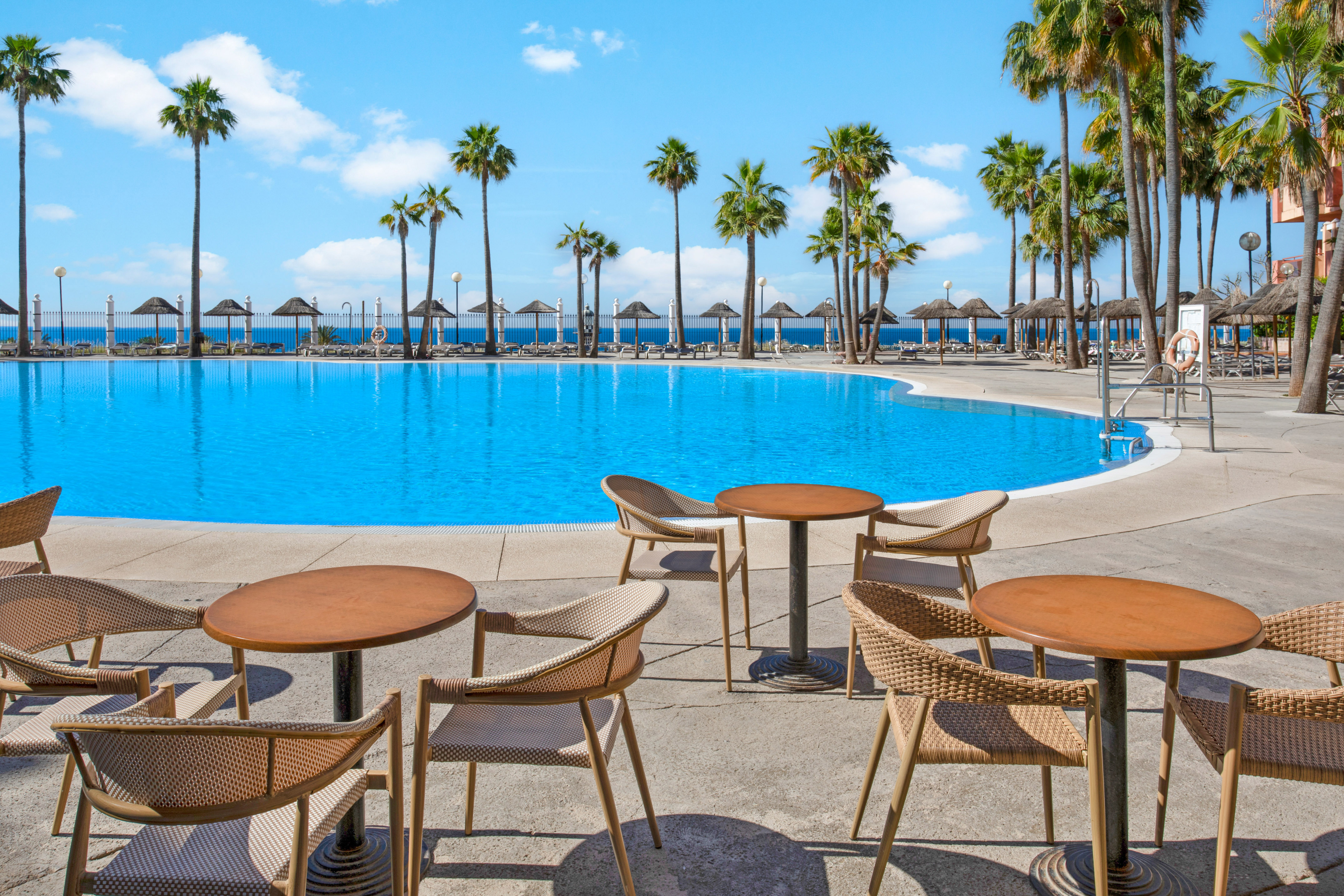 Sunny resort pool, palm trees, straw umbrellas, ocean, and outdoor dining.
