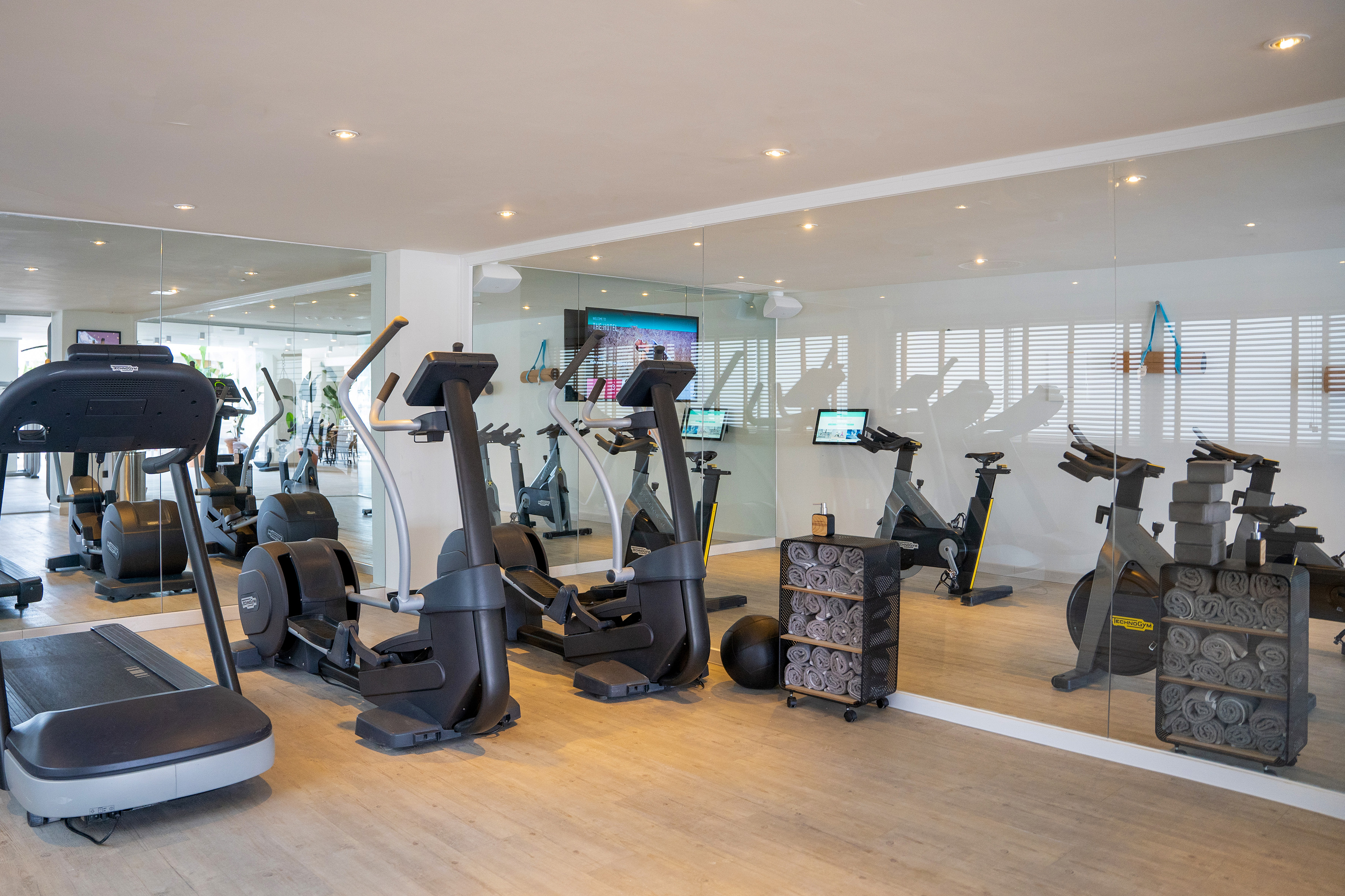Modern hotel gym with treadmill, ellipticals, spin bikes, and towel service.