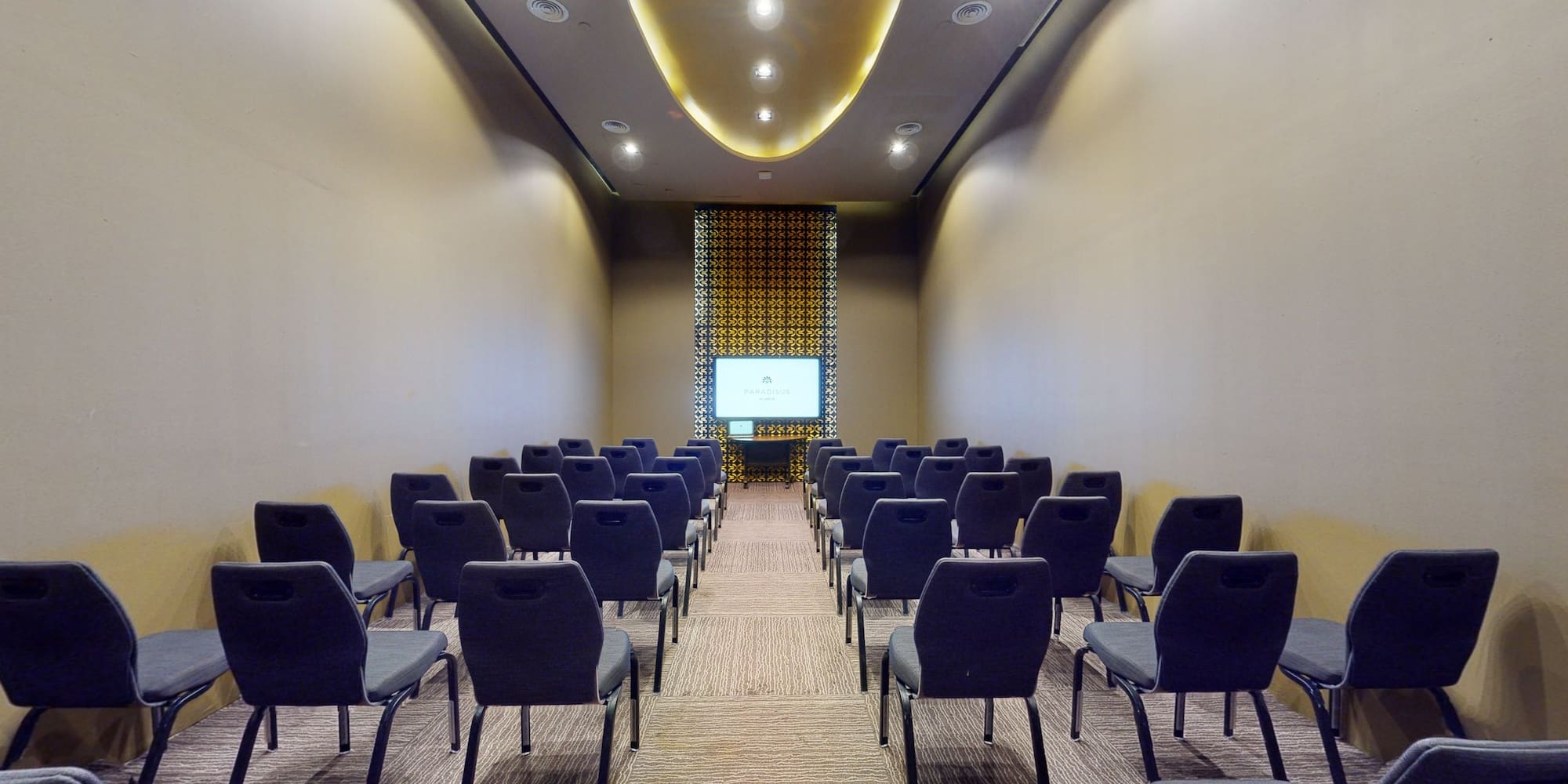 a room with rows of chairs