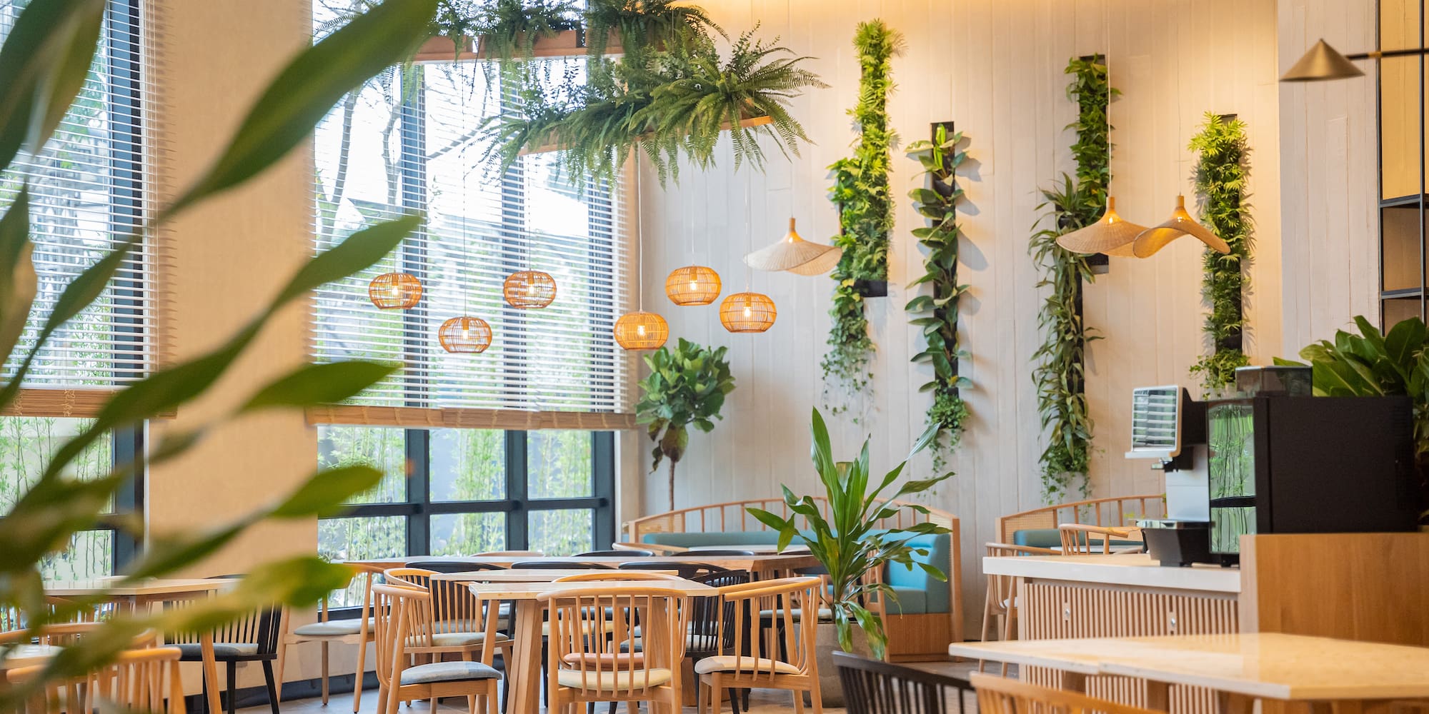 a room with tables and chairs