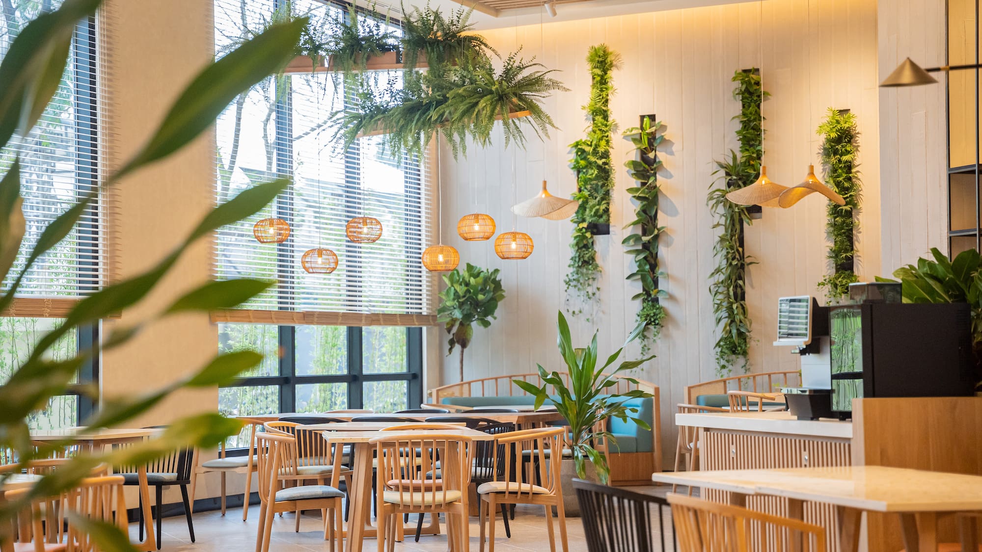 a room with tables and chairs