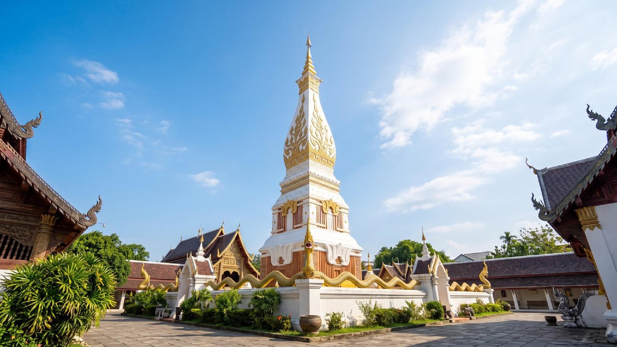 White and gold Thai temple stupa with Naga sculpture under blue sky.