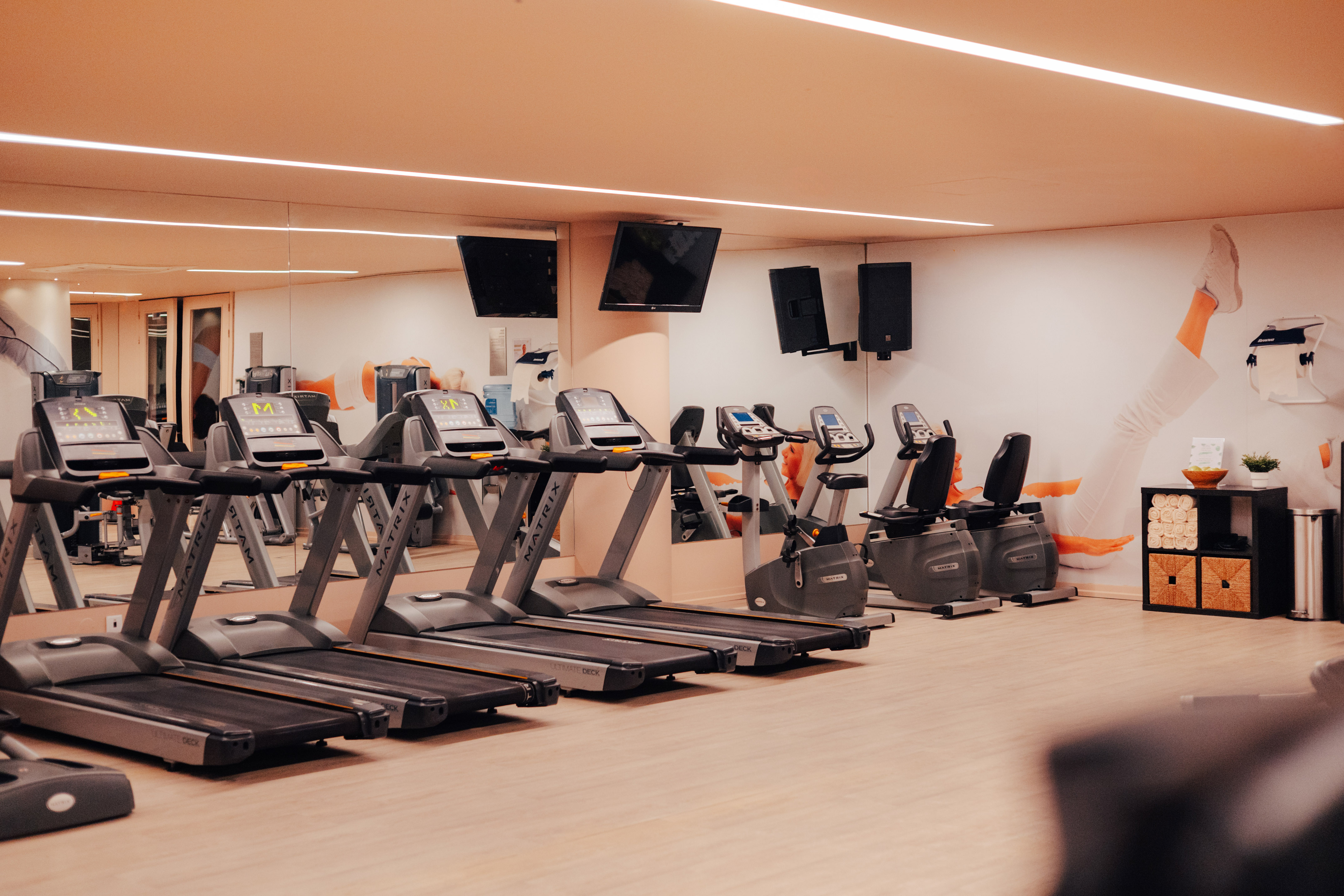 Modern gym with treadmills, exercise bikes, and wall mirrors.