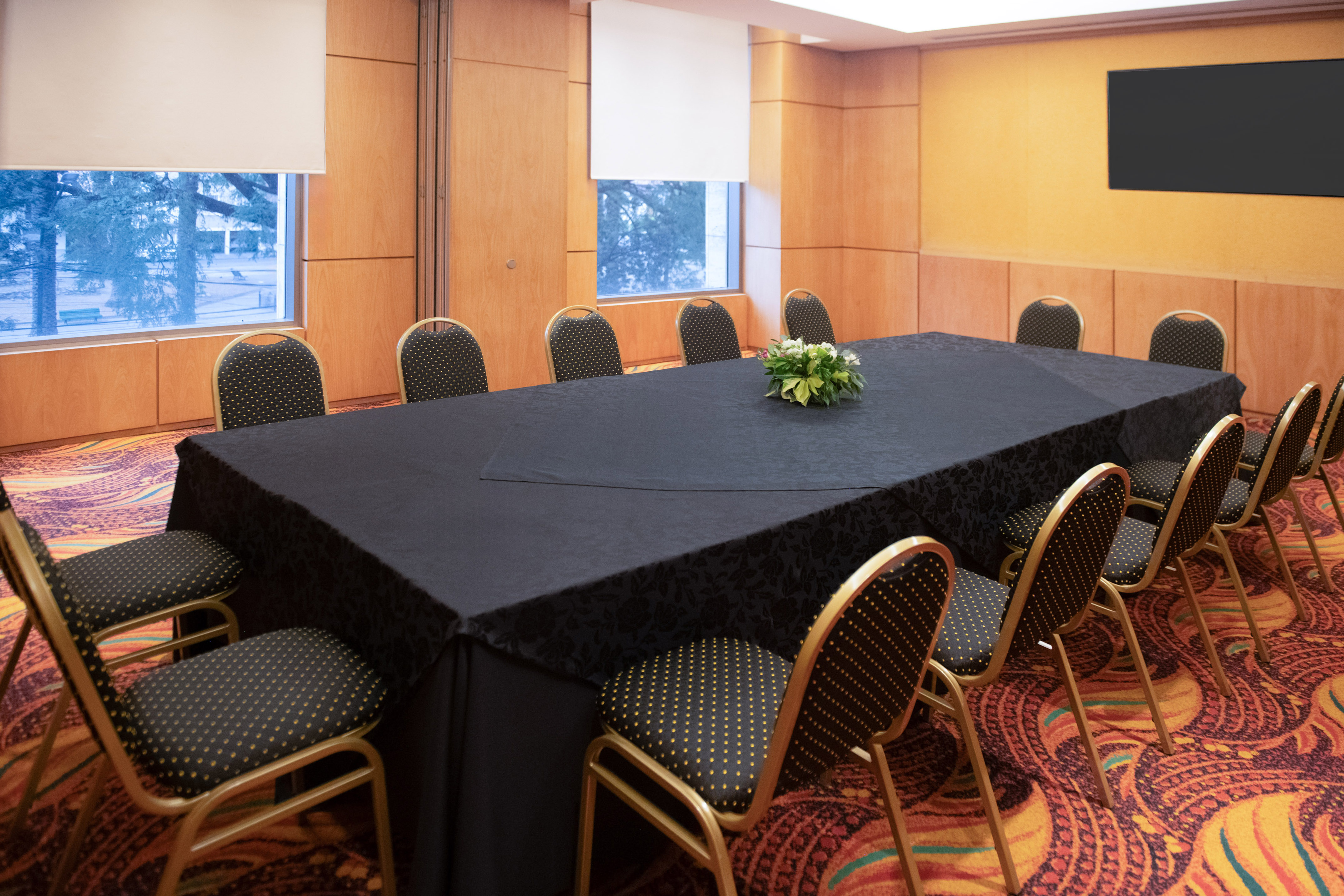 Conference room with long black table, gold chairs, windows, and wall screen.