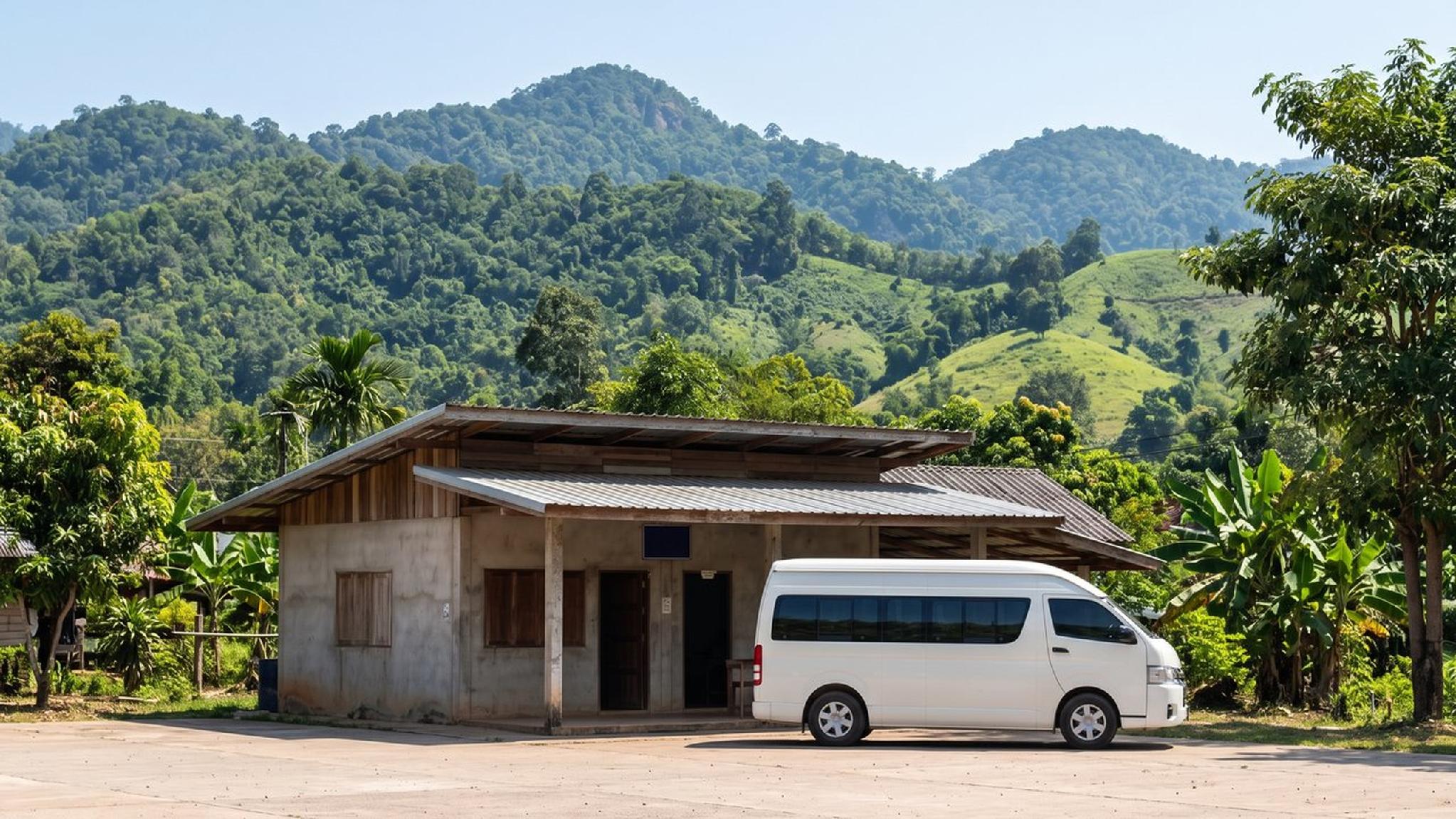 White minibus parked at a rural rest stop, tropical mountains behind.