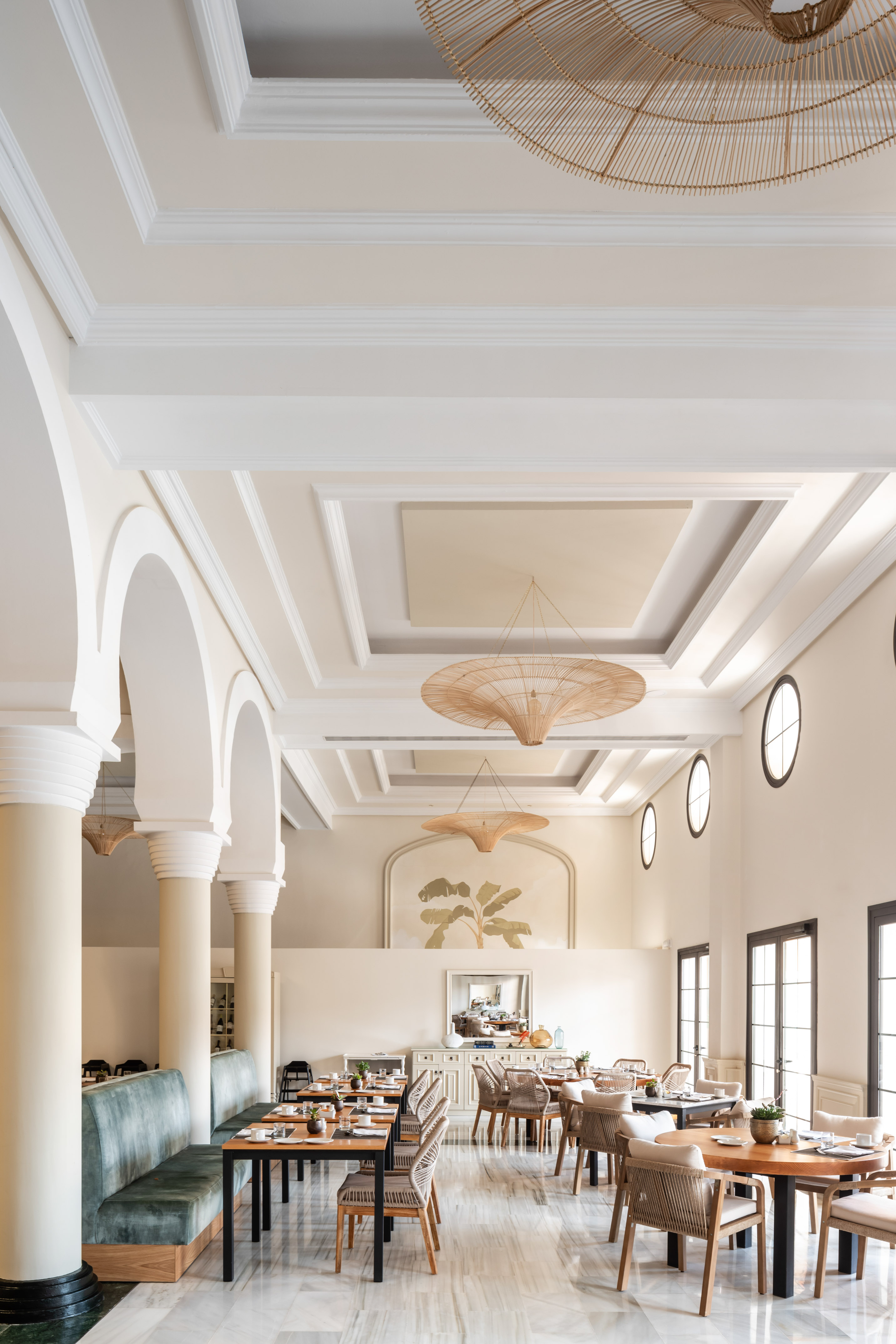 a room with tables and chairs