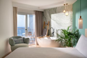 a room with a tub and a bed and a window