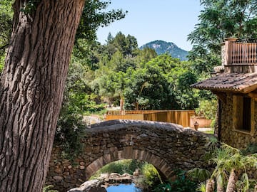 a stone bridge over a stream