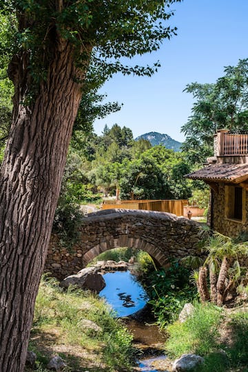 a stone bridge over a stream in a wooded area