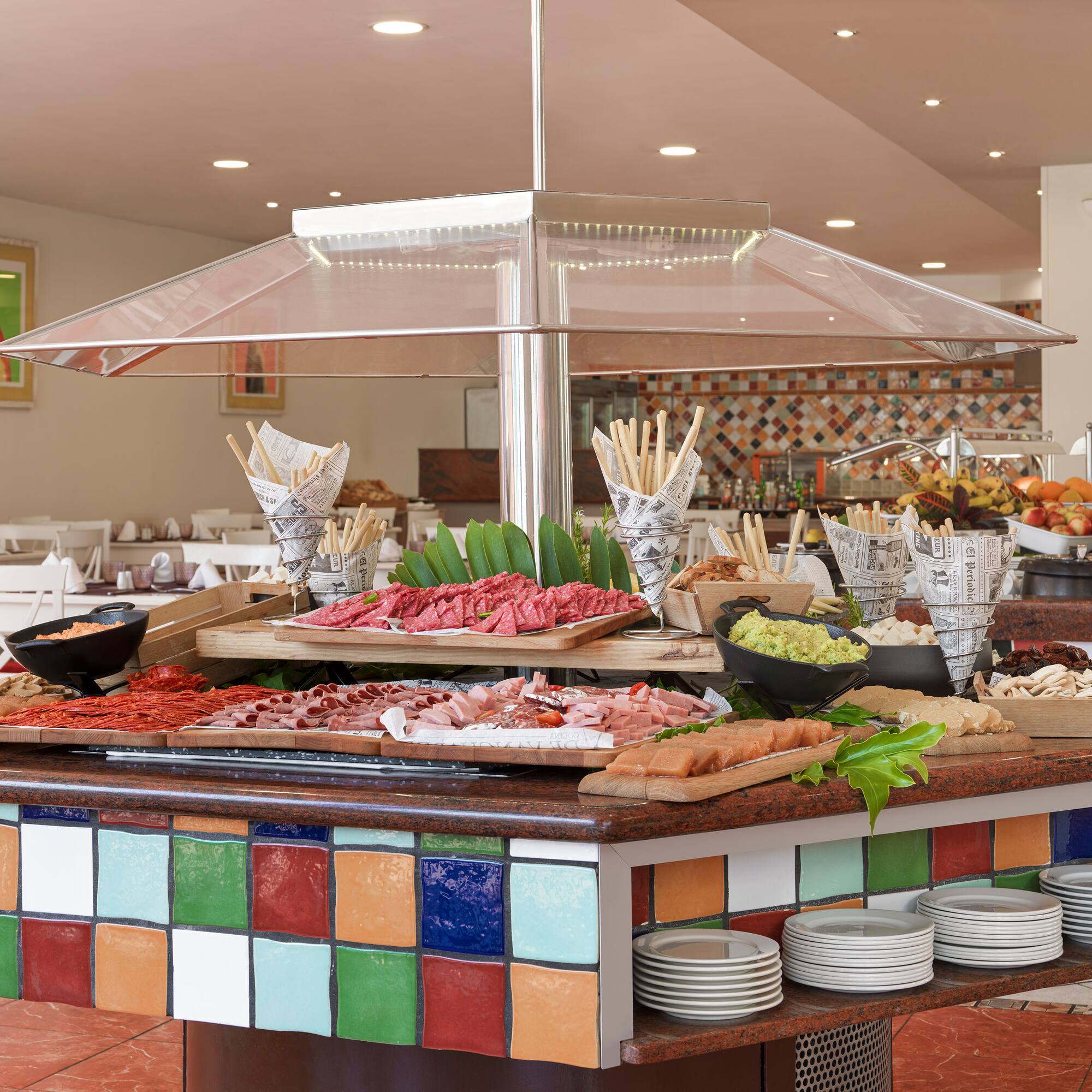 a buffet table with food on it