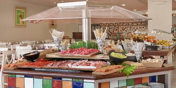 a buffet table with food on it