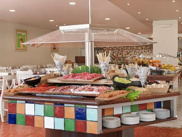 a buffet table with food on it