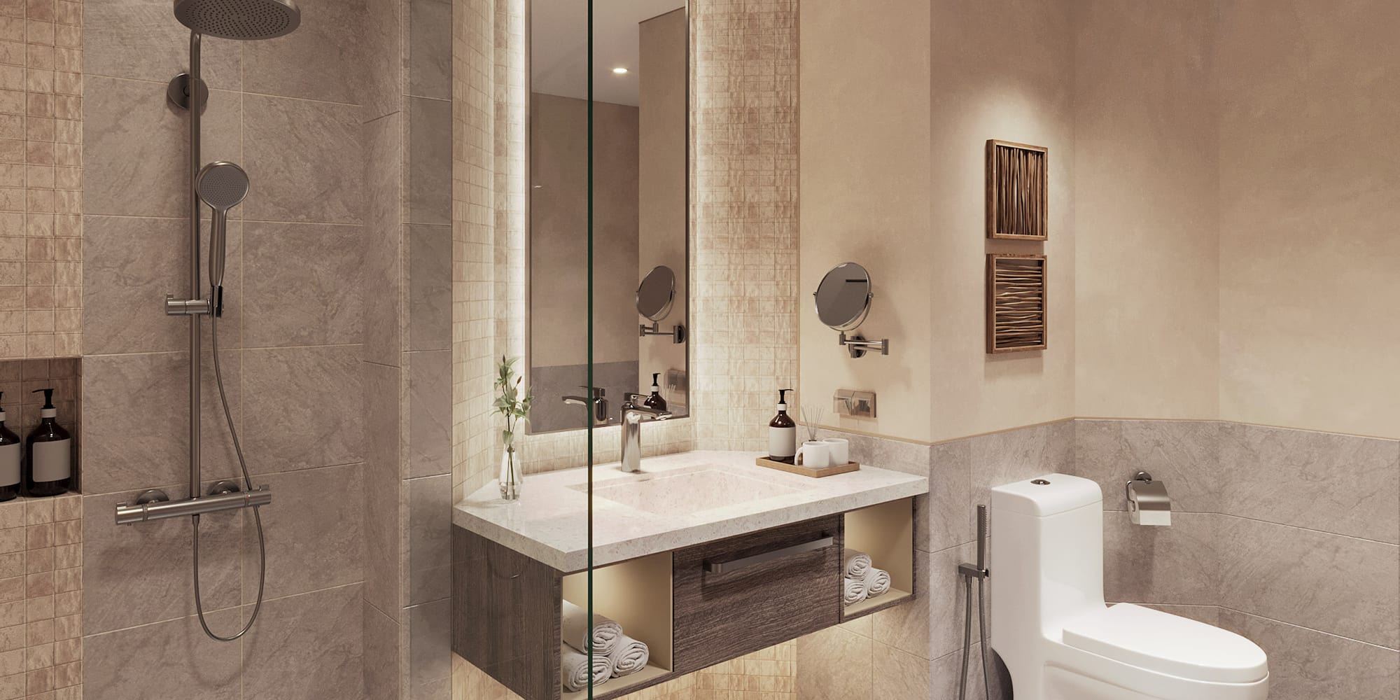 a bathroom with a shower and toilet