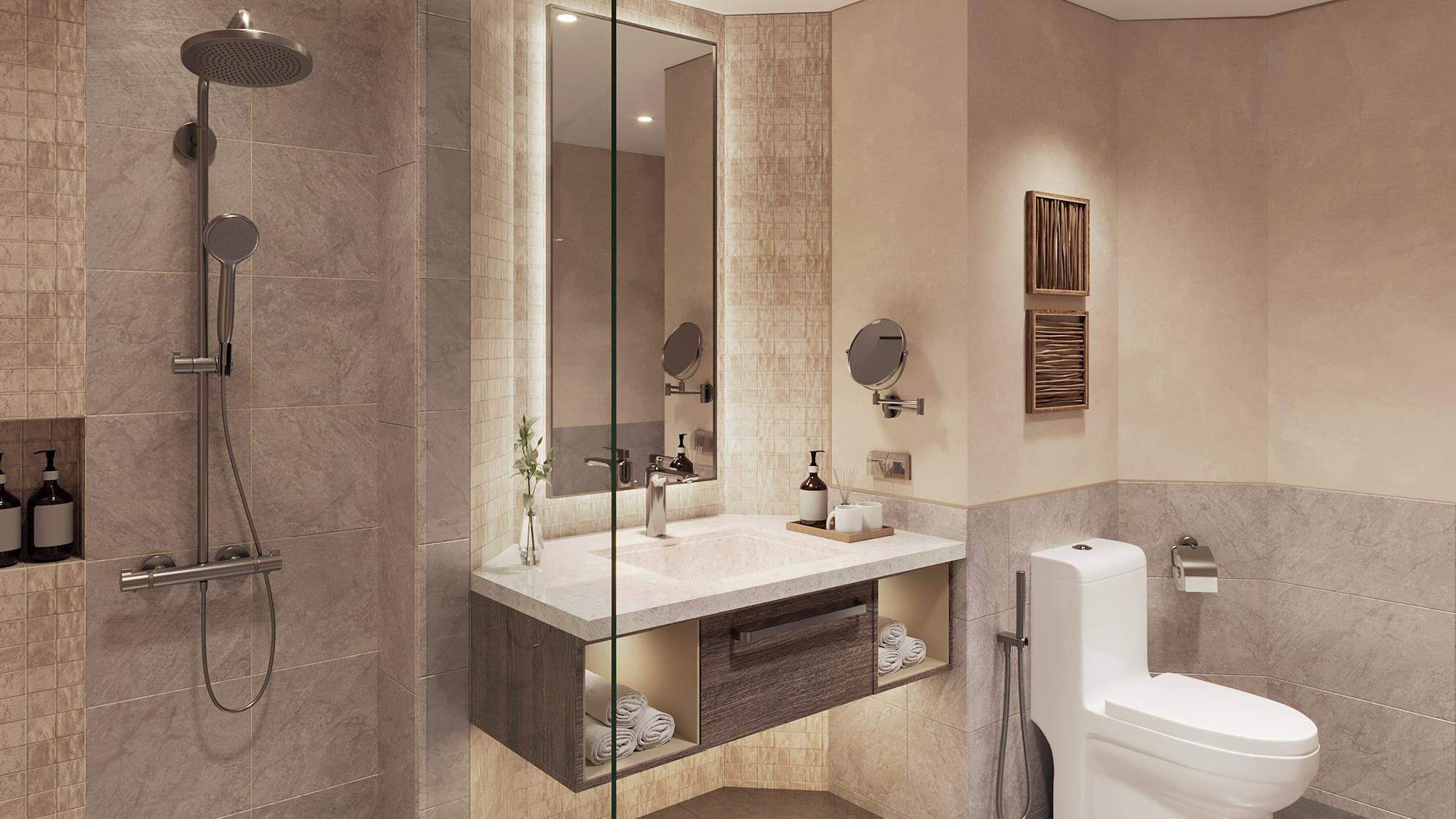 a bathroom with a shower and toilet