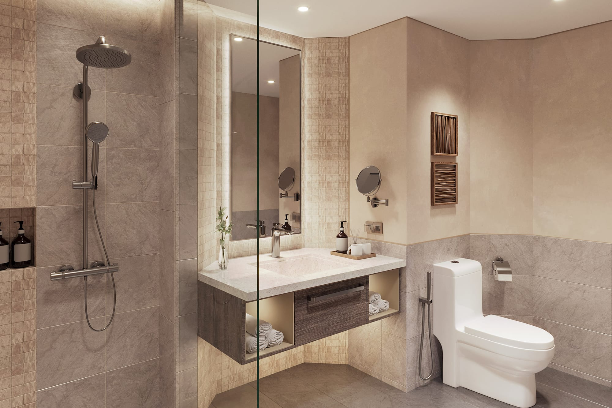 a bathroom with a shower and toilet