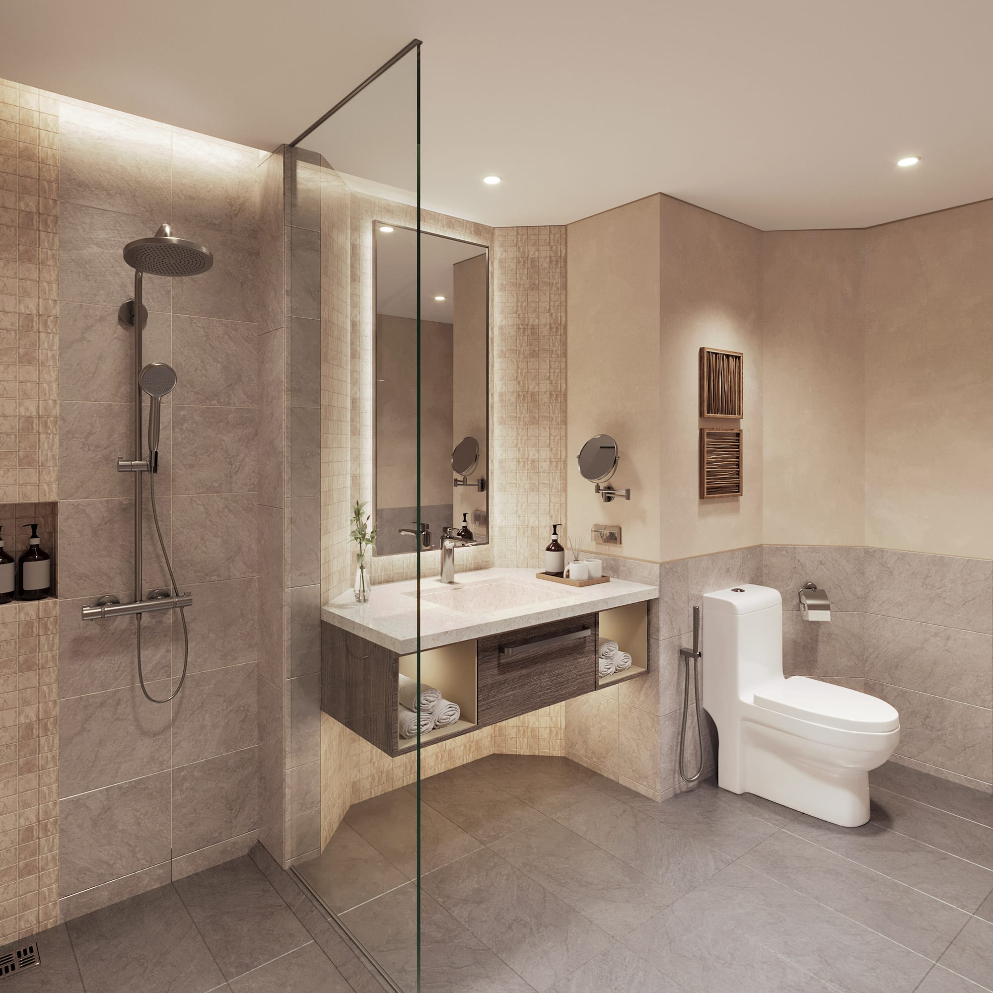 a bathroom with a shower and toilet