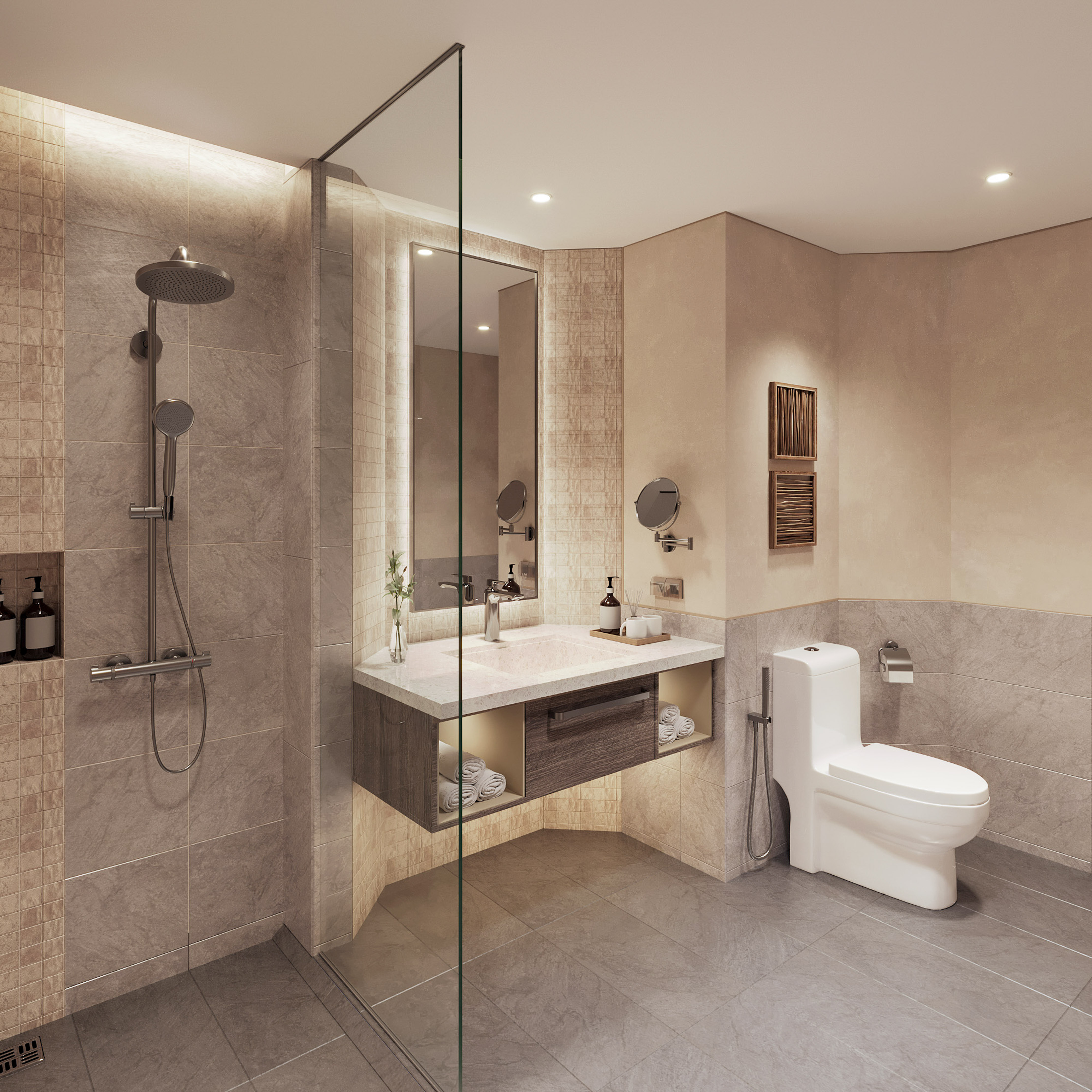 a bathroom with a shower and toilet