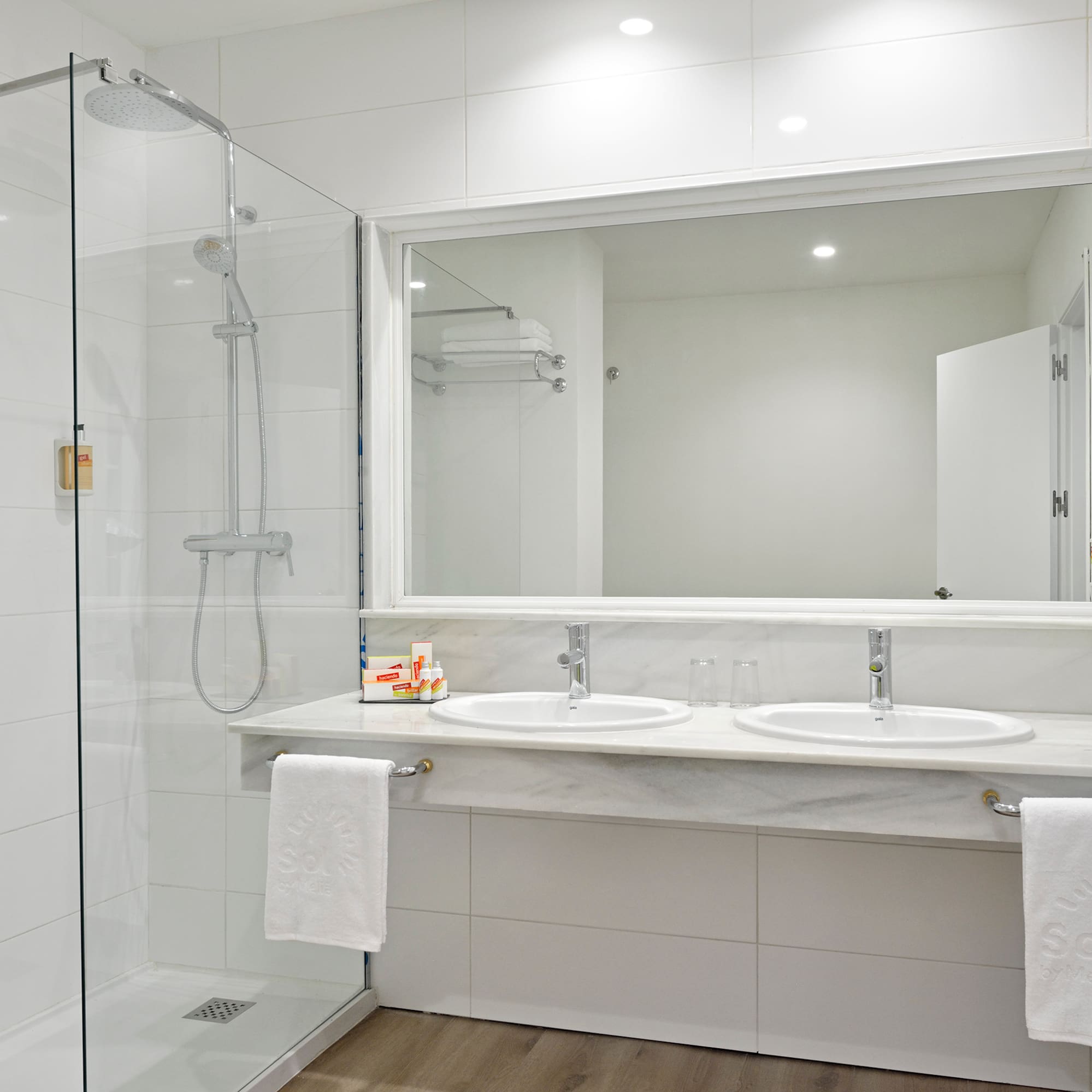 a bathroom with a shower and two sinks