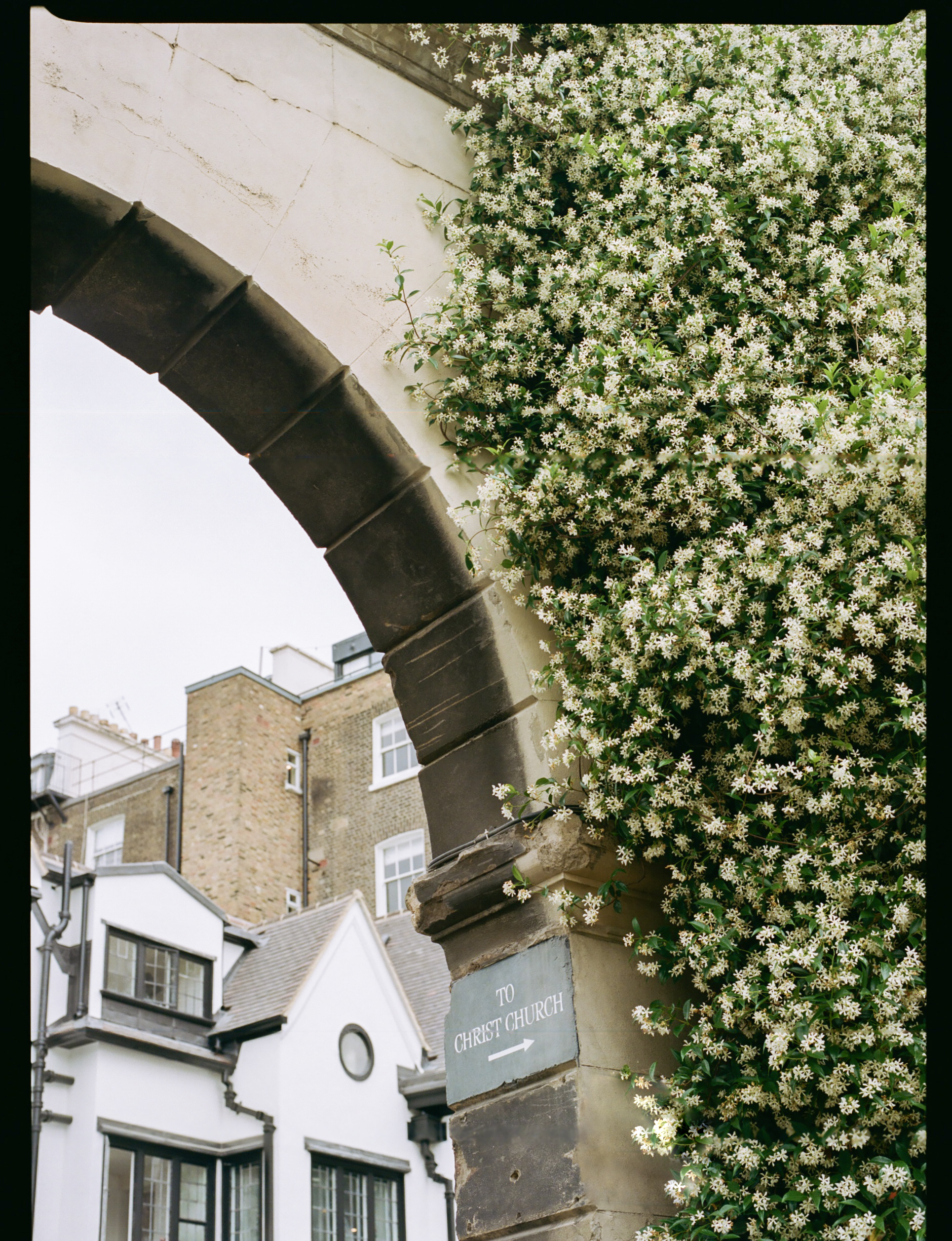A stone arch stands adorned with a sign, while vibrant flowers bloom around it.