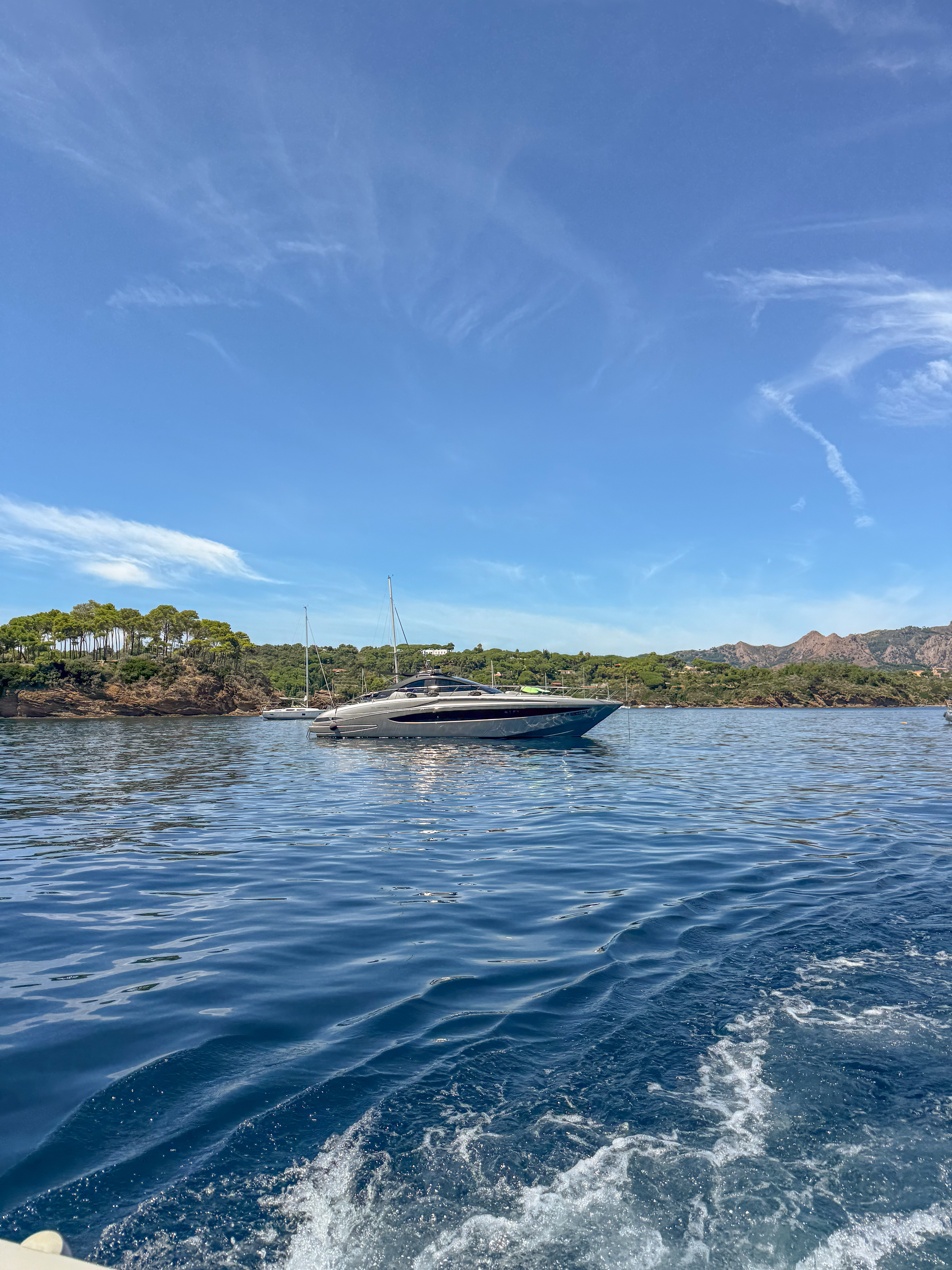 Luxury grey yacht on sparkling blue sea with green wooded coast and clear sky.