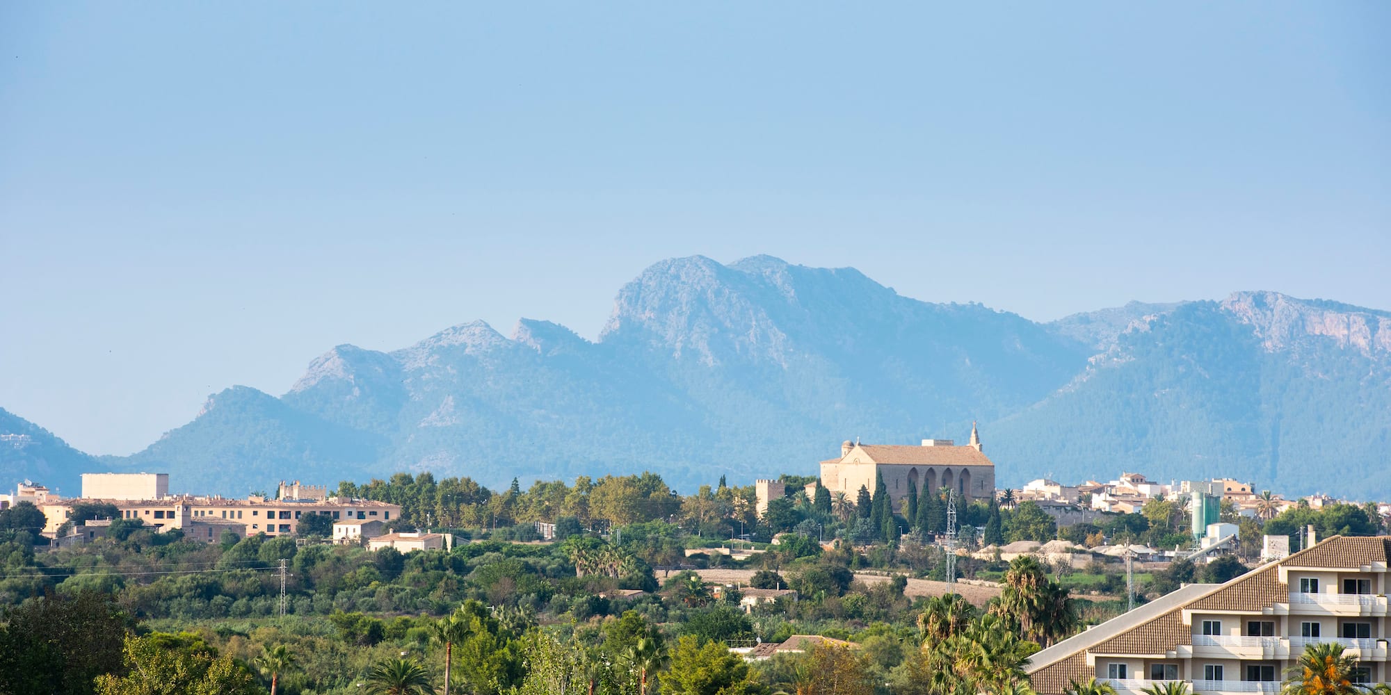 Mallorca town with historic church, hotel, palm trees, and distant mountains.