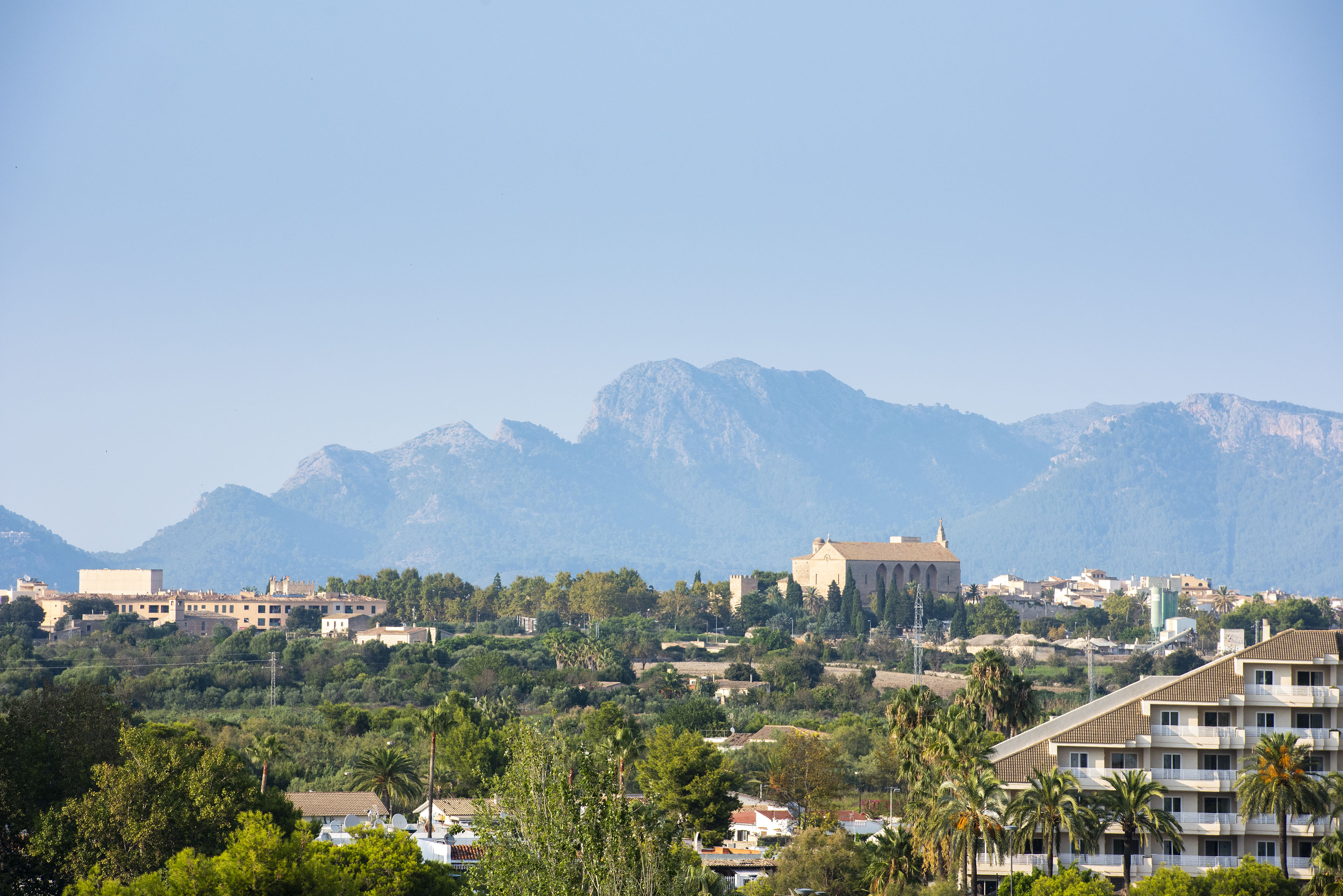 Mallorca town with historic church, hotel, palm trees, and distant mountains.