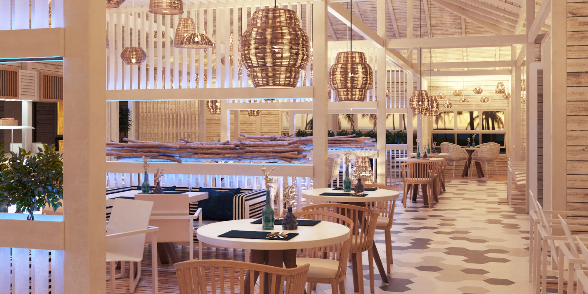 a room with tables and chairs