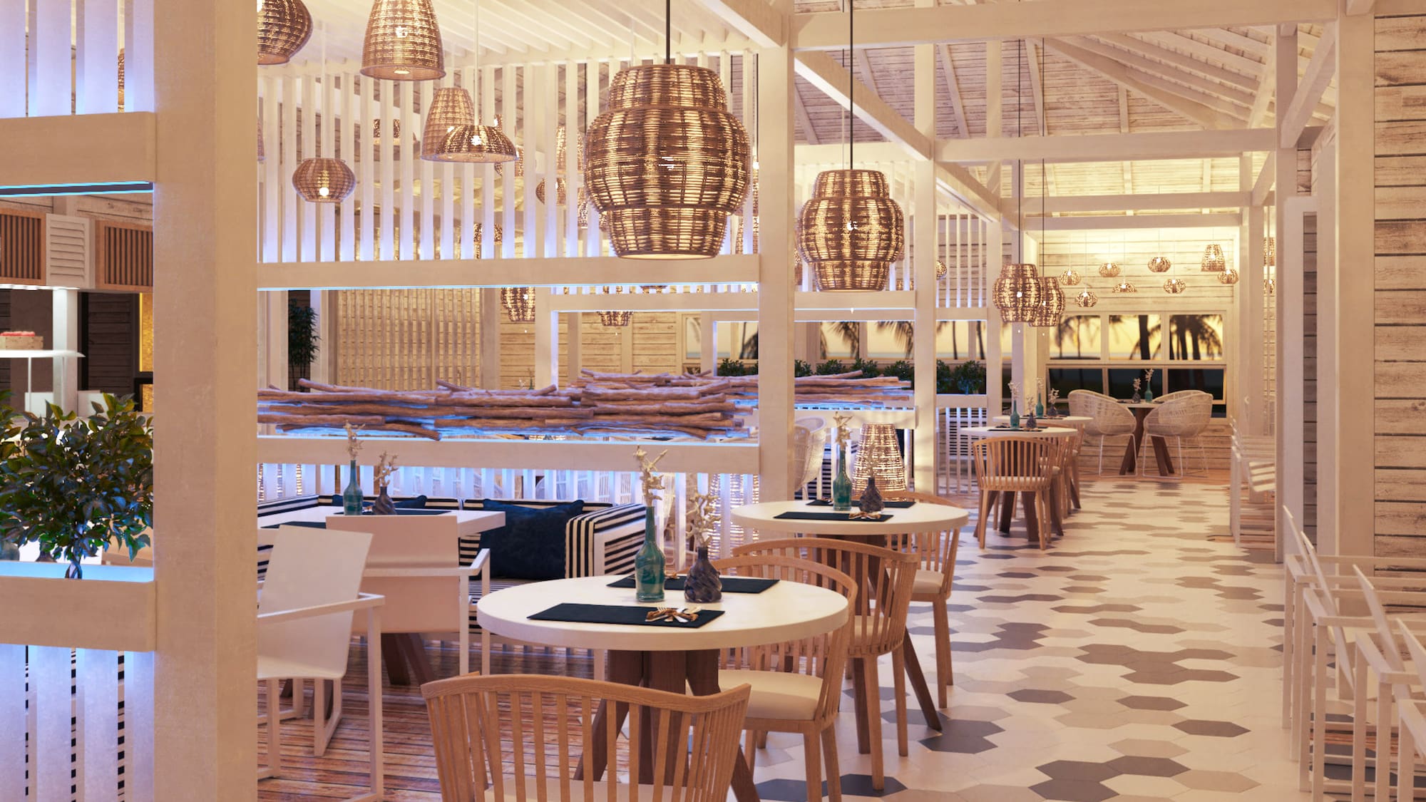 a room with tables and chairs