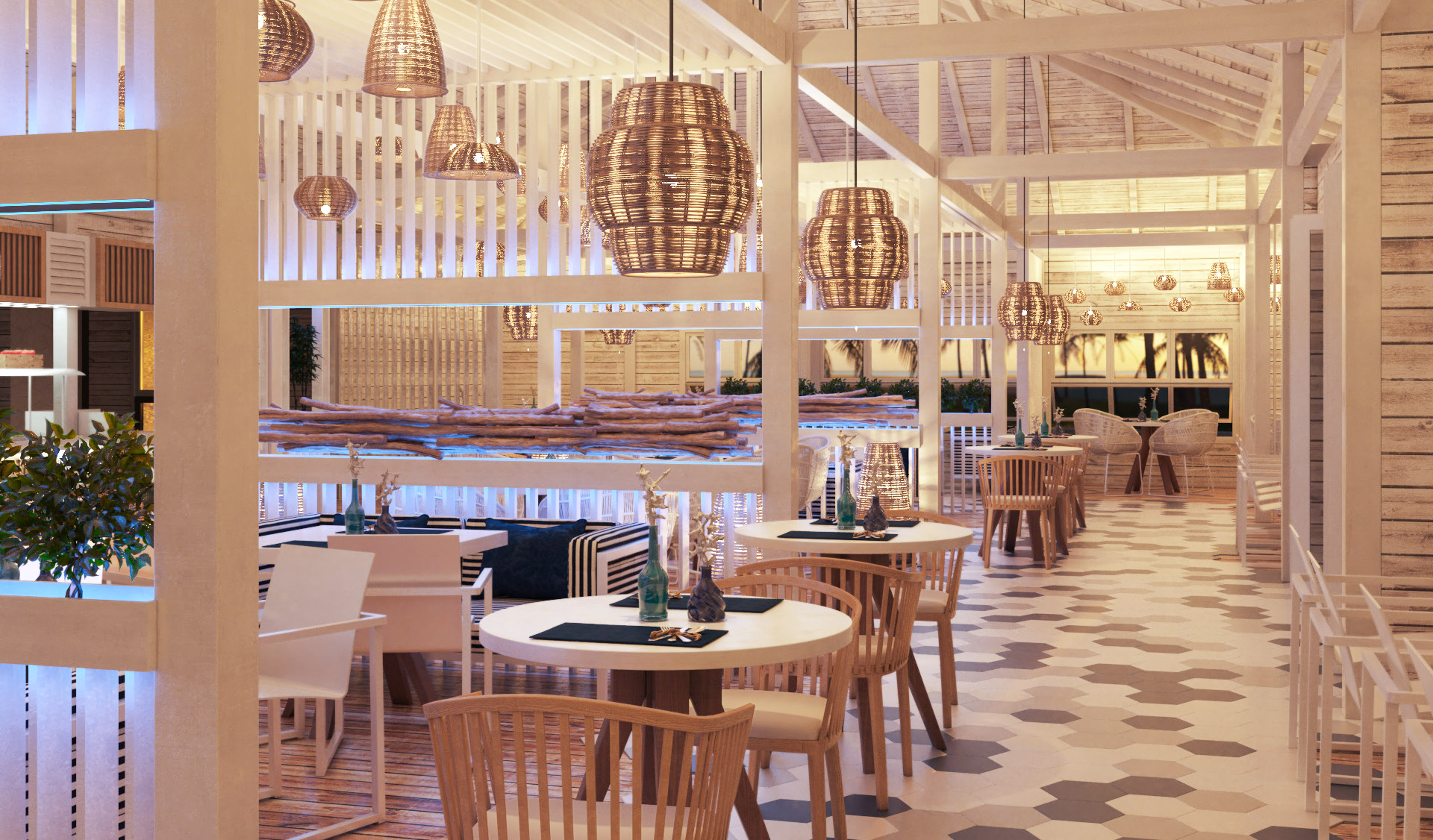 a room with tables and chairs