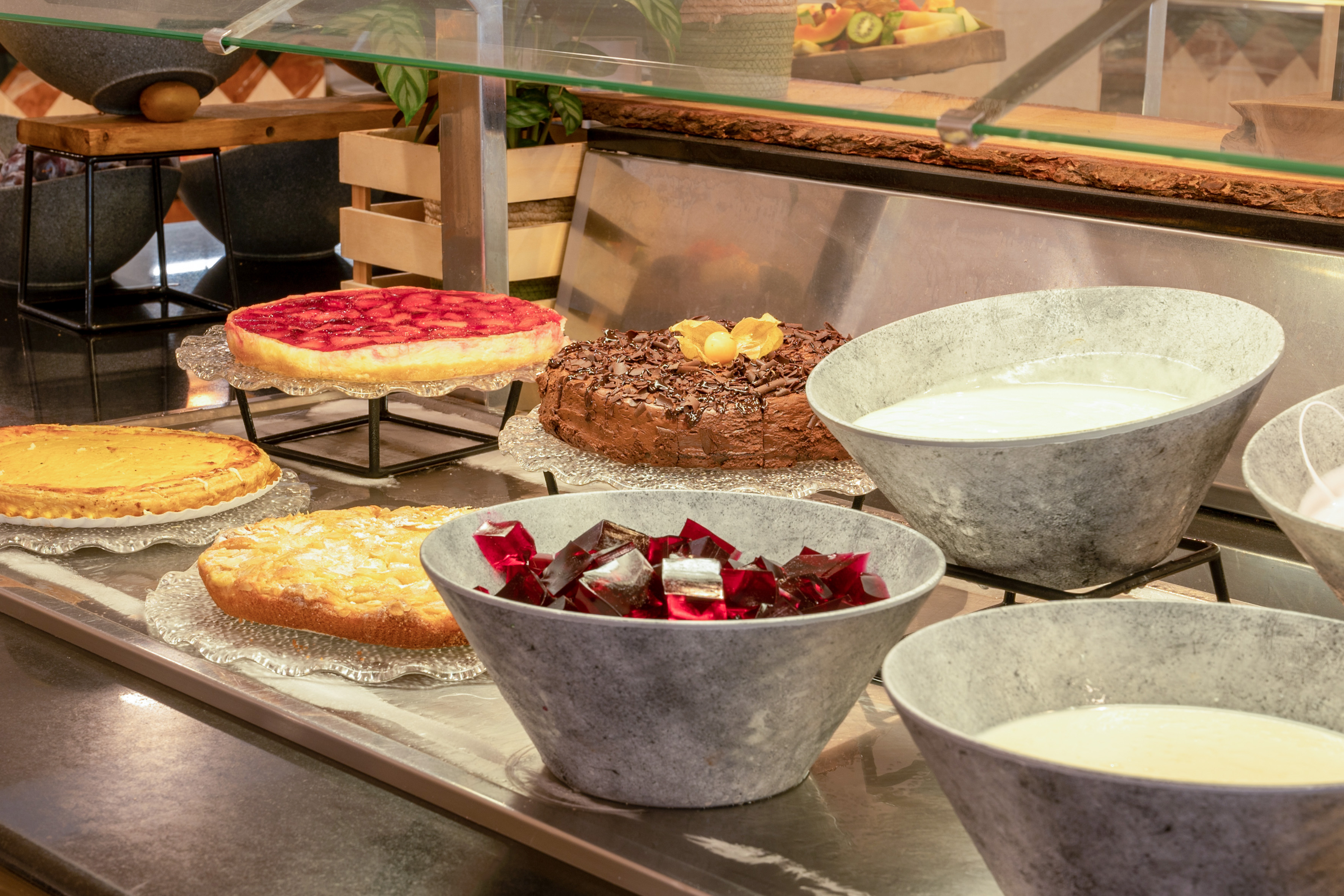 Variety of desserts at a buffet: cheesecake, chocolate cake, tarts, jelly, yogurt.