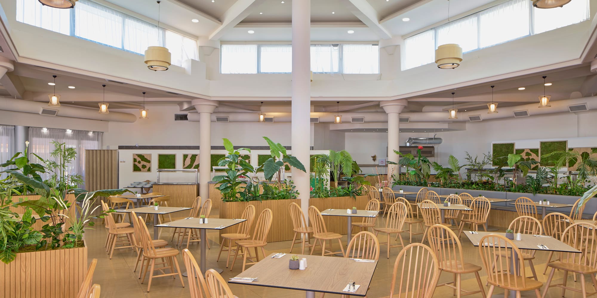 a room with tables and chairs