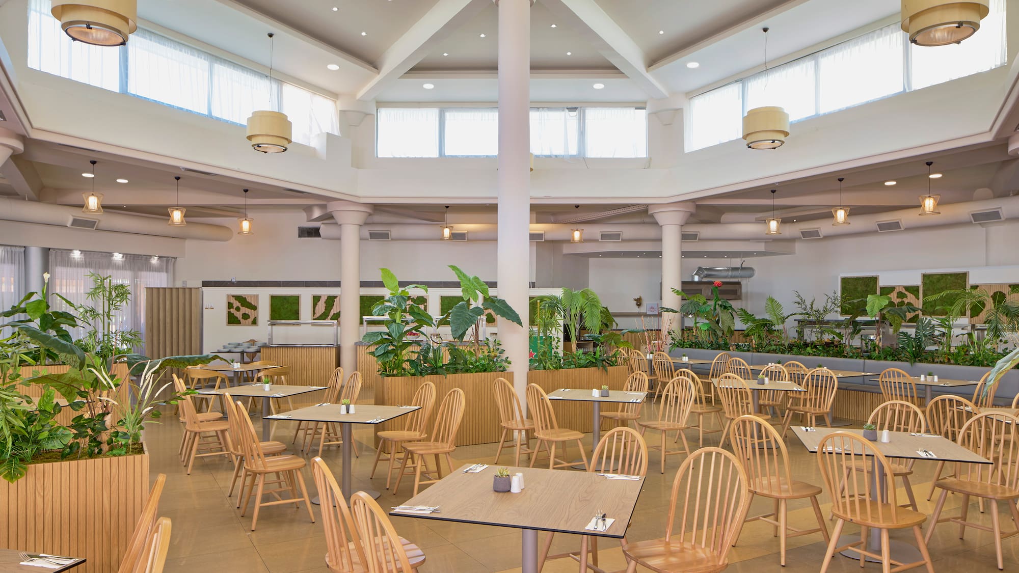 a room with tables and chairs