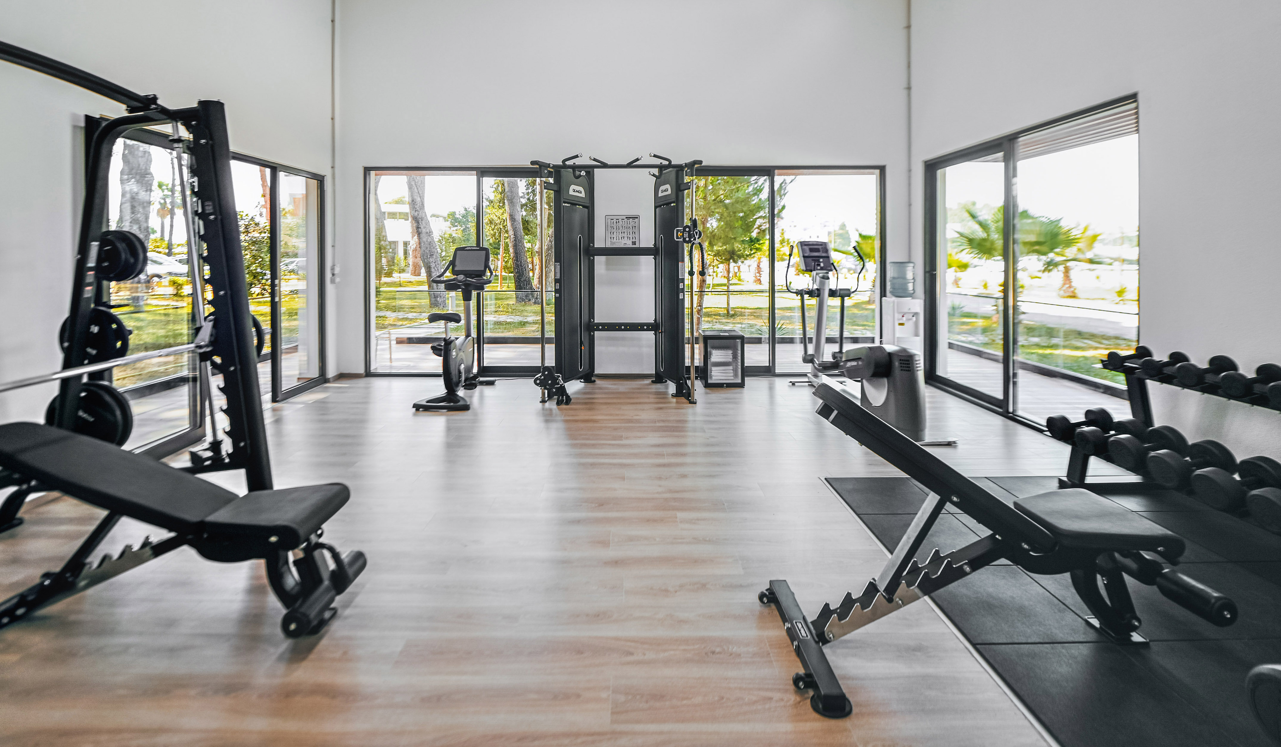 Bright modern gym with cardio and weight training equipment, outdoor views.